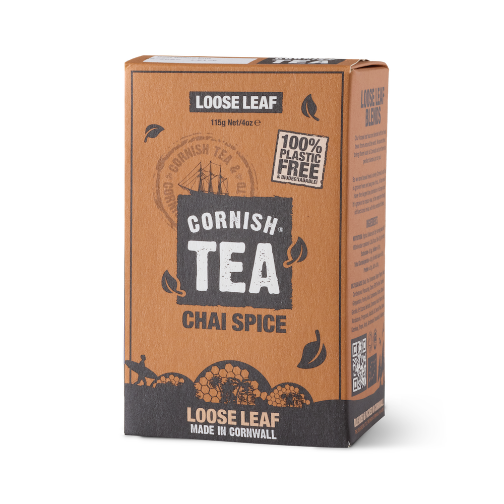 Cornish Chai Spice Loose Leaf Tea with warm spices in a branded box.