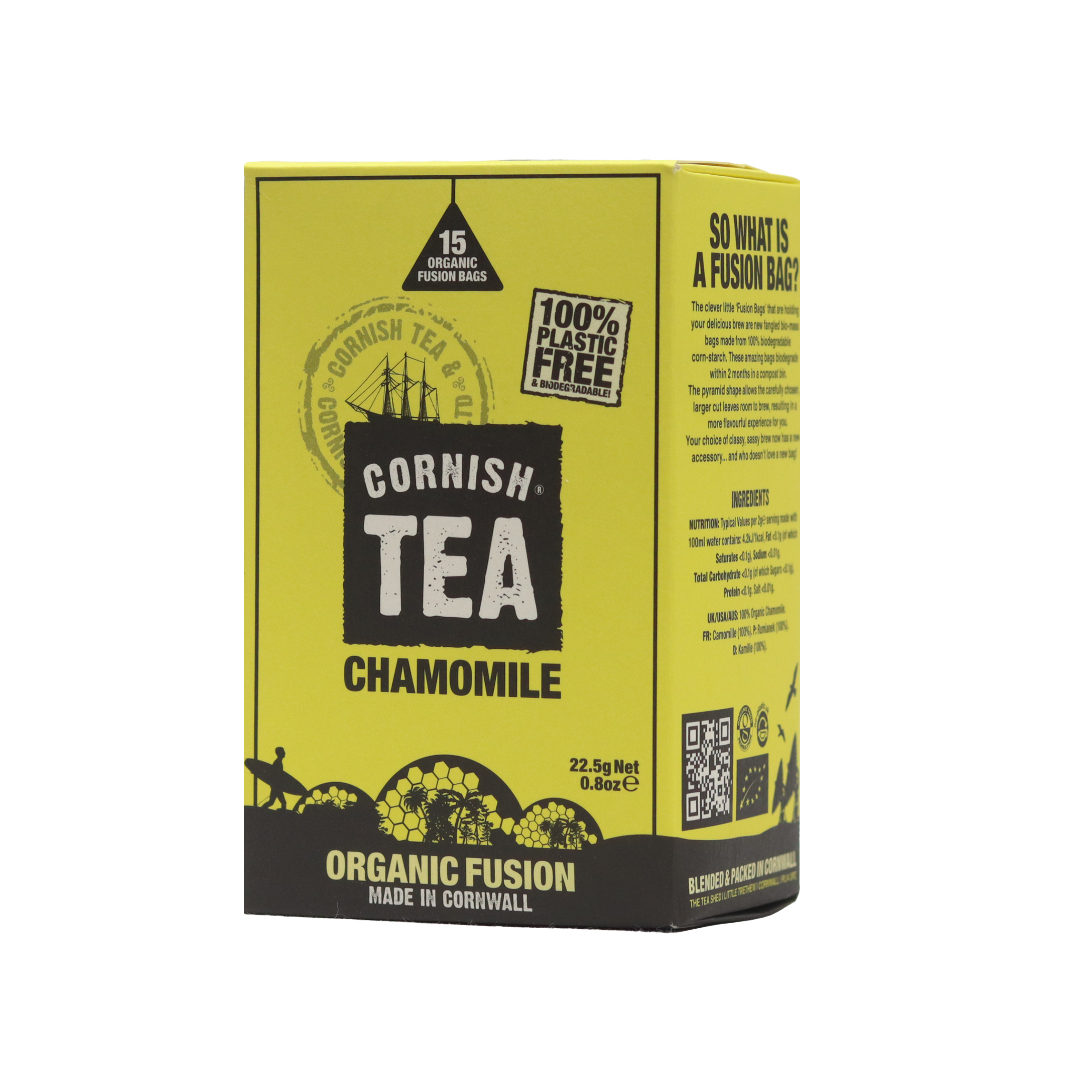 Box of 15 organic chamomile fusion tea bags with whole chamomile flowers, naturally caffeine-free and perfect for relaxation.