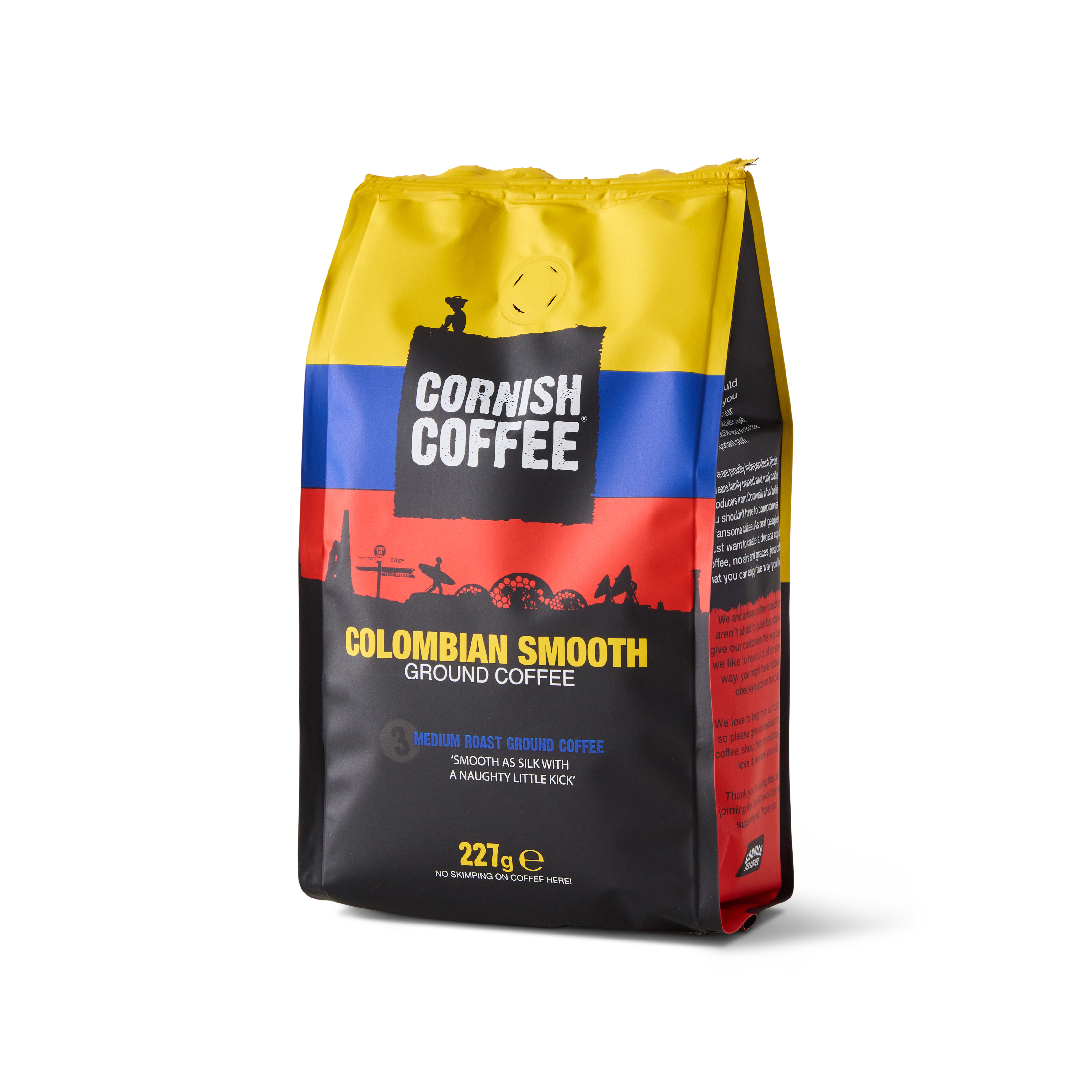 Bag of Colombian Smooth Ground Coffee - 227g medium roast made with 100% Colombian Arabica beans, produced in Cornwall.
