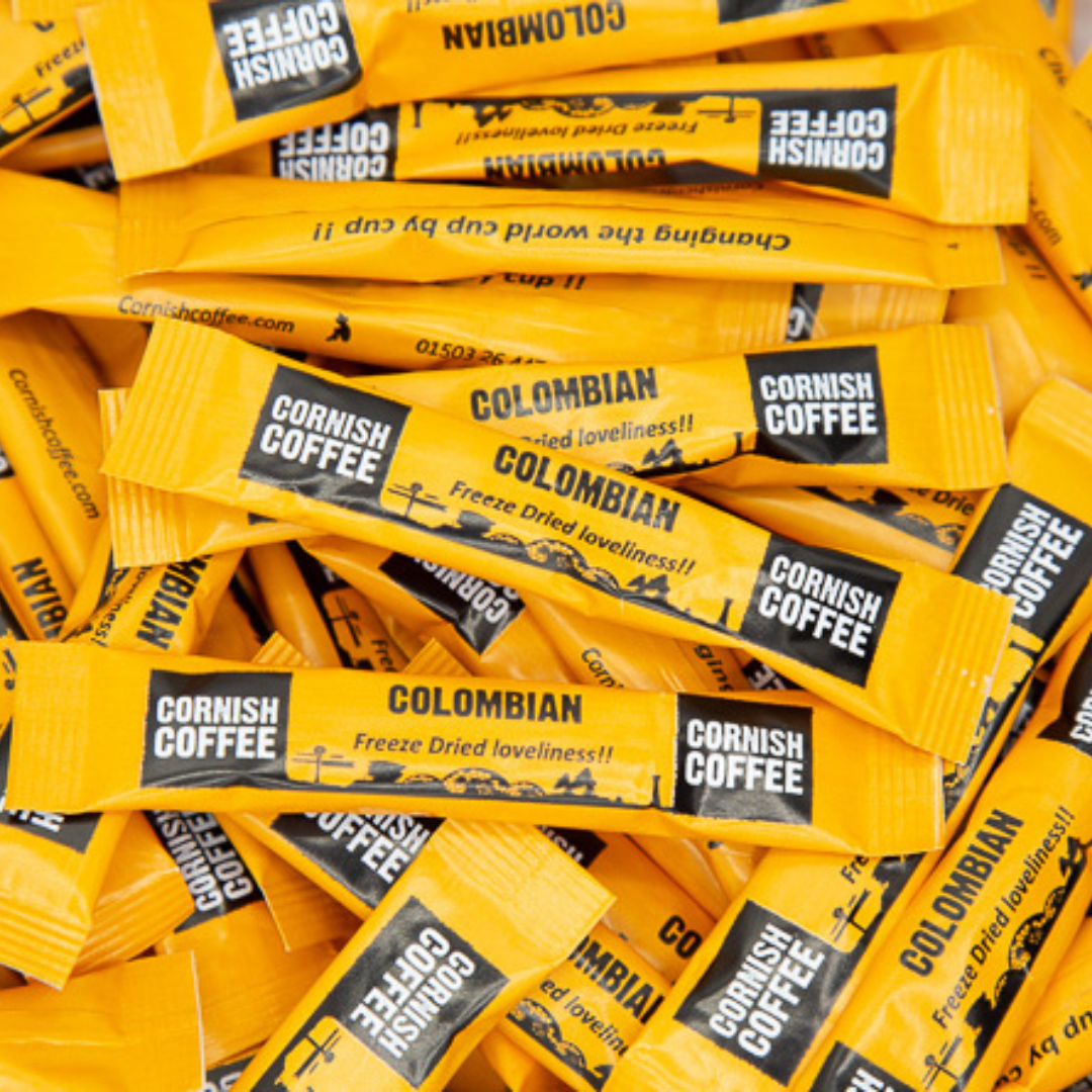 Box of Cornish Coffee Instant Sticks – approx. 200 single-serve sachets ideal for hampers, hotels or daily convenience.
