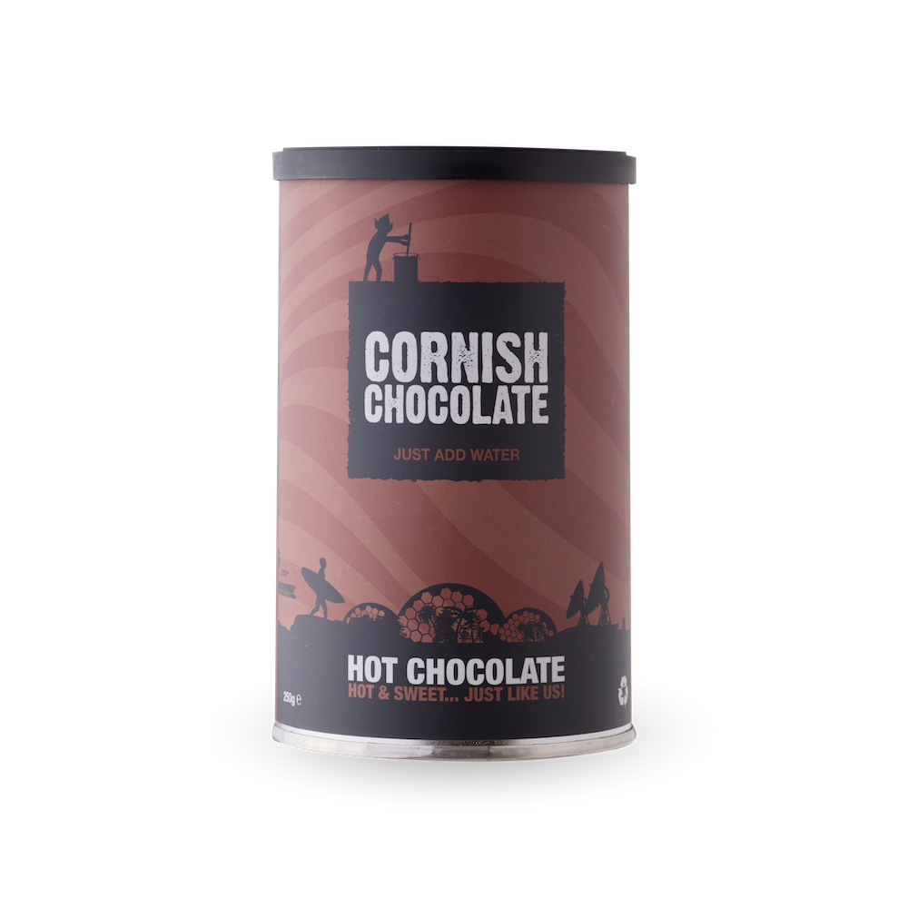 Tub of Cornish Instant Hot Chocolate featuring the Cornish Chocolate logo.