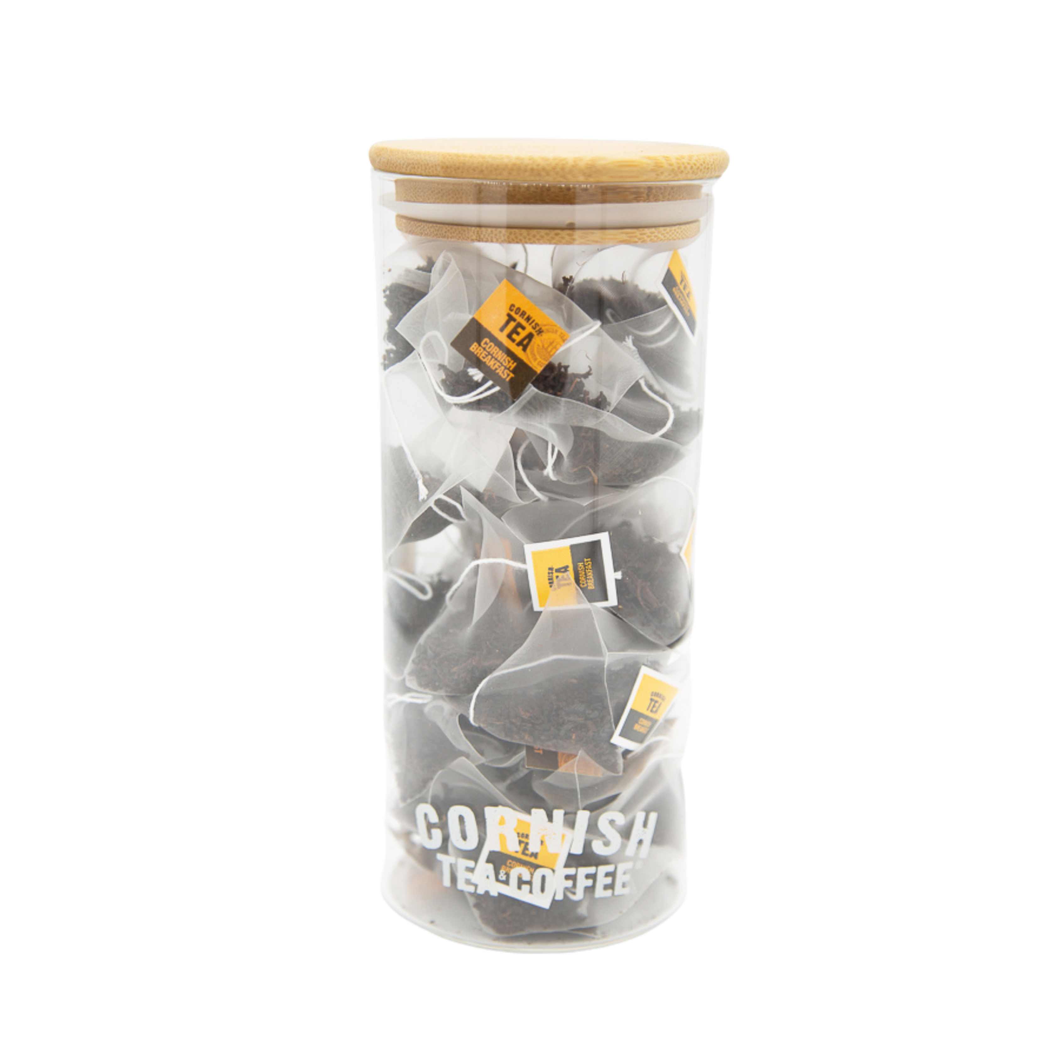 Cornish Tea & Coffee clear glass jar with airtight engraved bamboo lid for stylish kitchen storage.