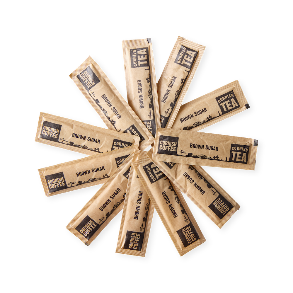 Pack of approx. 1,000 brown Cornish Tea & Coffee branded sugar sticks for home, events, or holiday hampers.