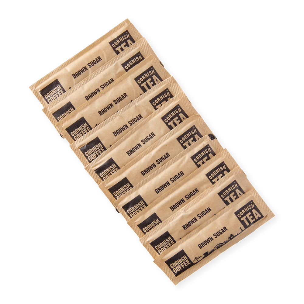 Pack of approx. 1,000 brown Cornish Tea & Coffee branded sugar sticks for home, events, or holiday hampers.