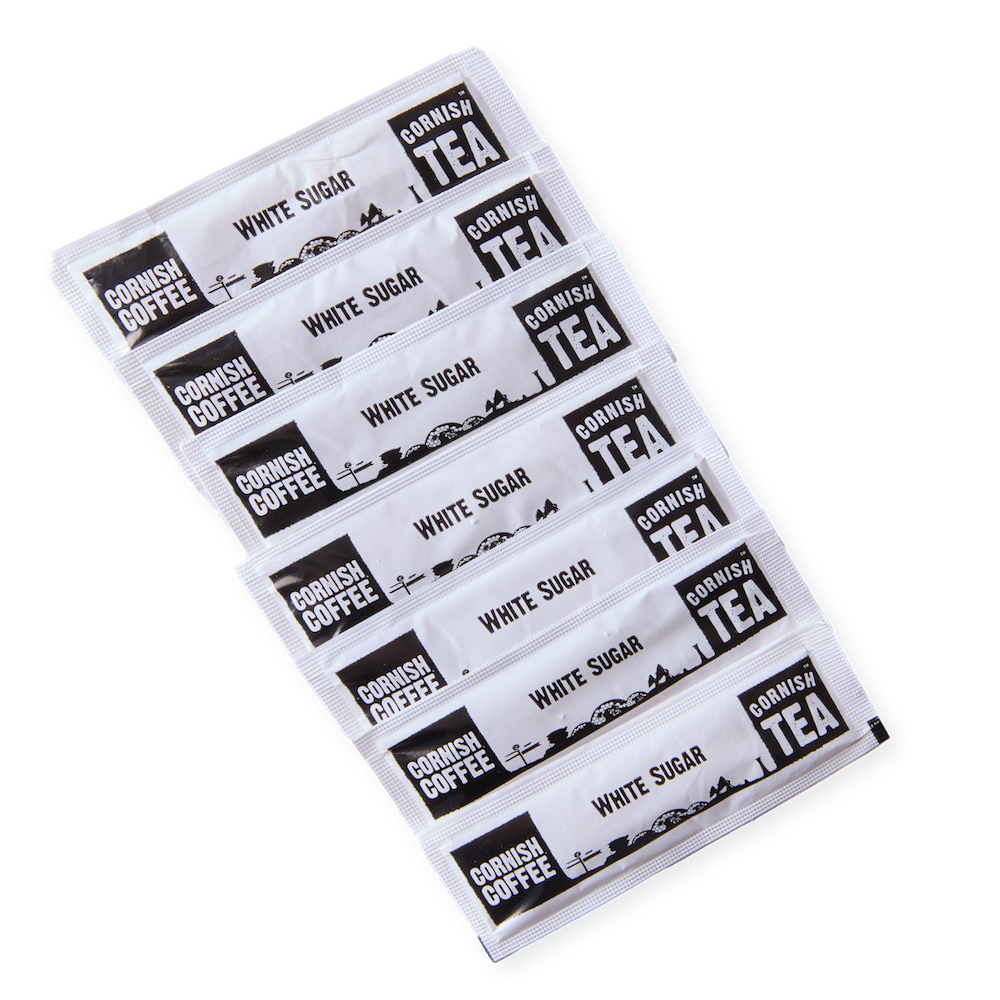 Pack of approx. 1,000 white Cornish Tea & Coffee branded sugar sticks for home, events, or holiday hampers.