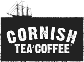The Cornish Tea & Coffee logo. It features a bold, distressed white font on a rugged black rectangle with a silhouette of a traditional sailing ship above it.