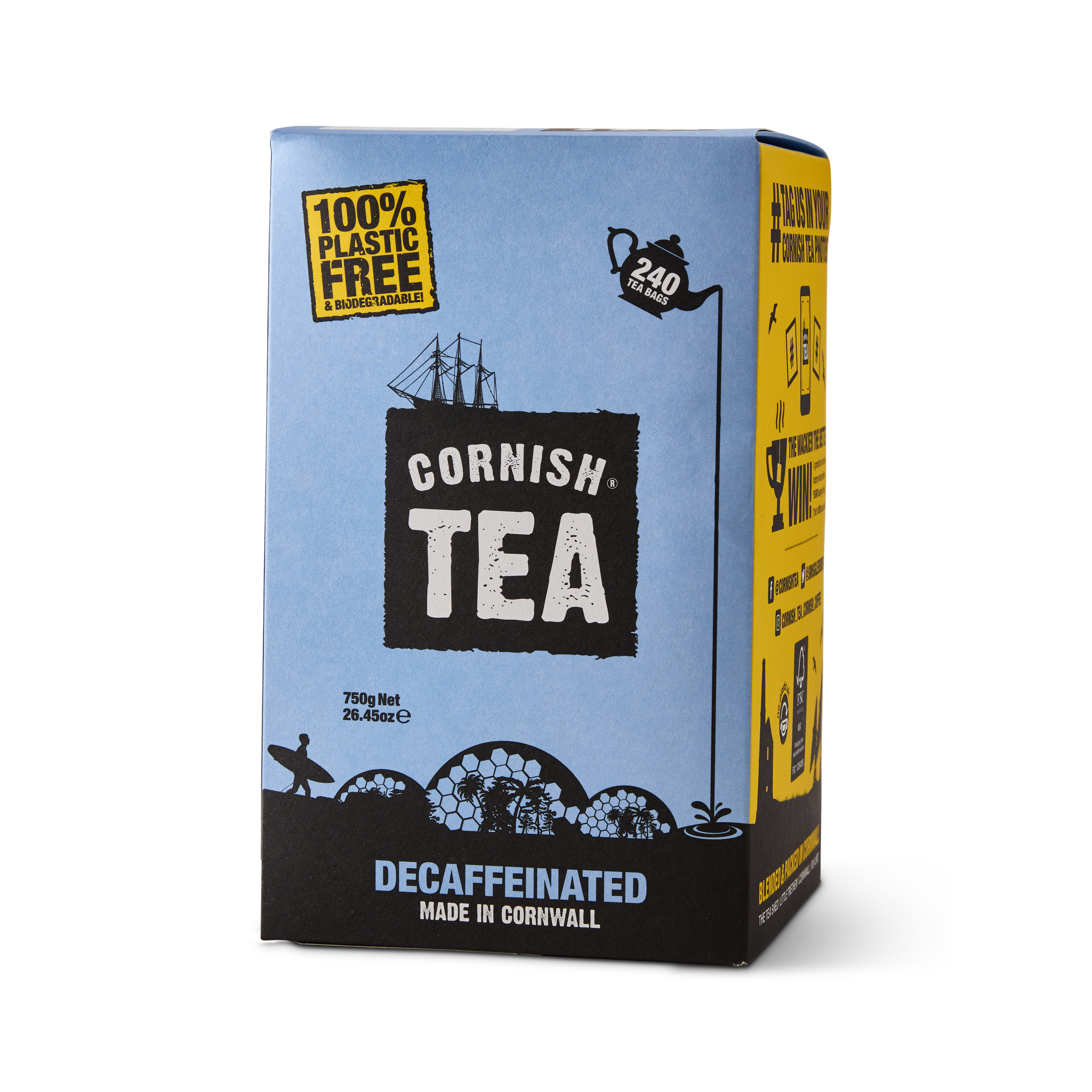 Box of 240 Smugglers Brew Decaf Tea Bags - classic Cornish Tea design with plastic-free logo and Cornish landmarks silhouette.