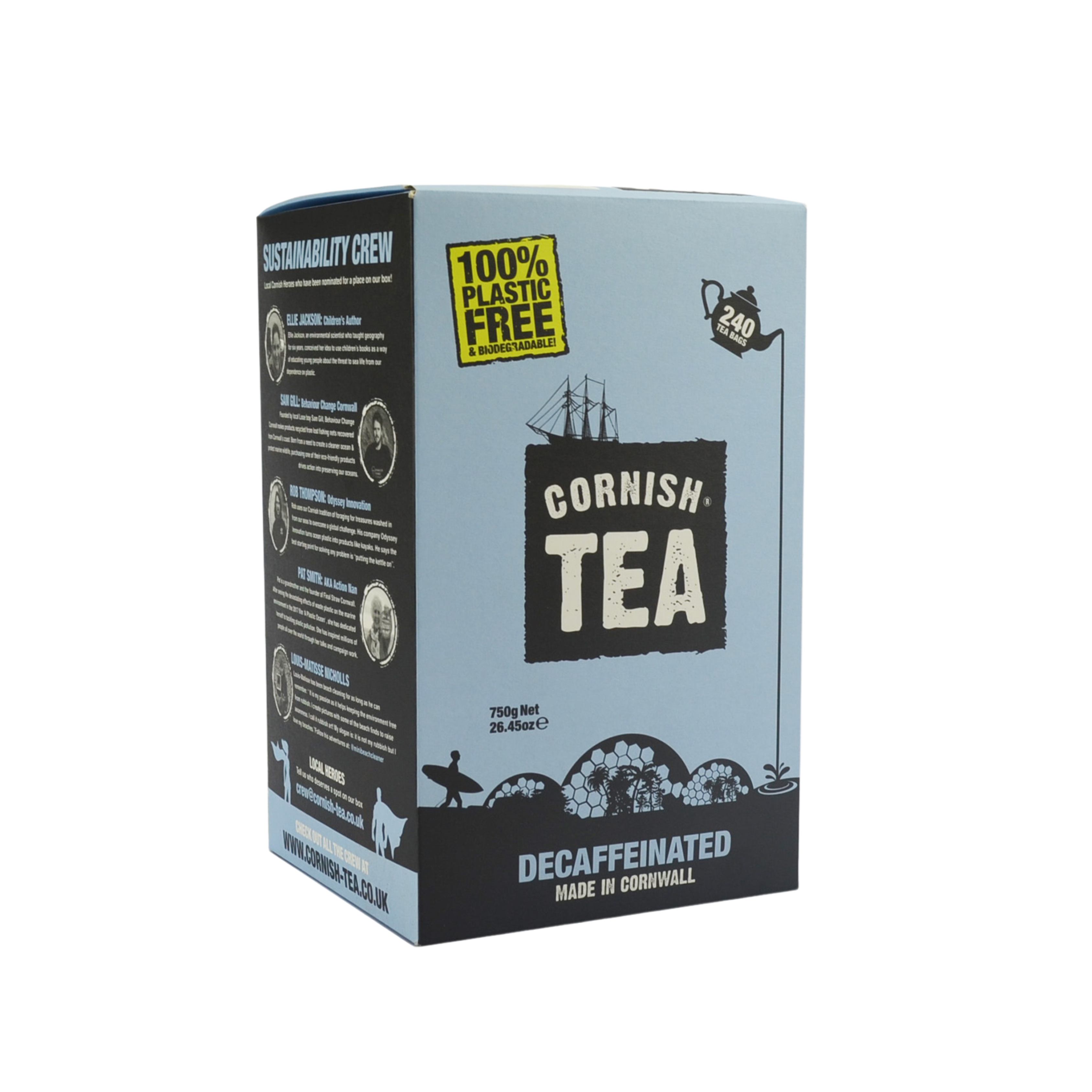 Box of 240 Smugglers Brew Decaf Tea Bags - classic Cornish Tea design with plastic-free logo and Cornish landmarks silhouette.