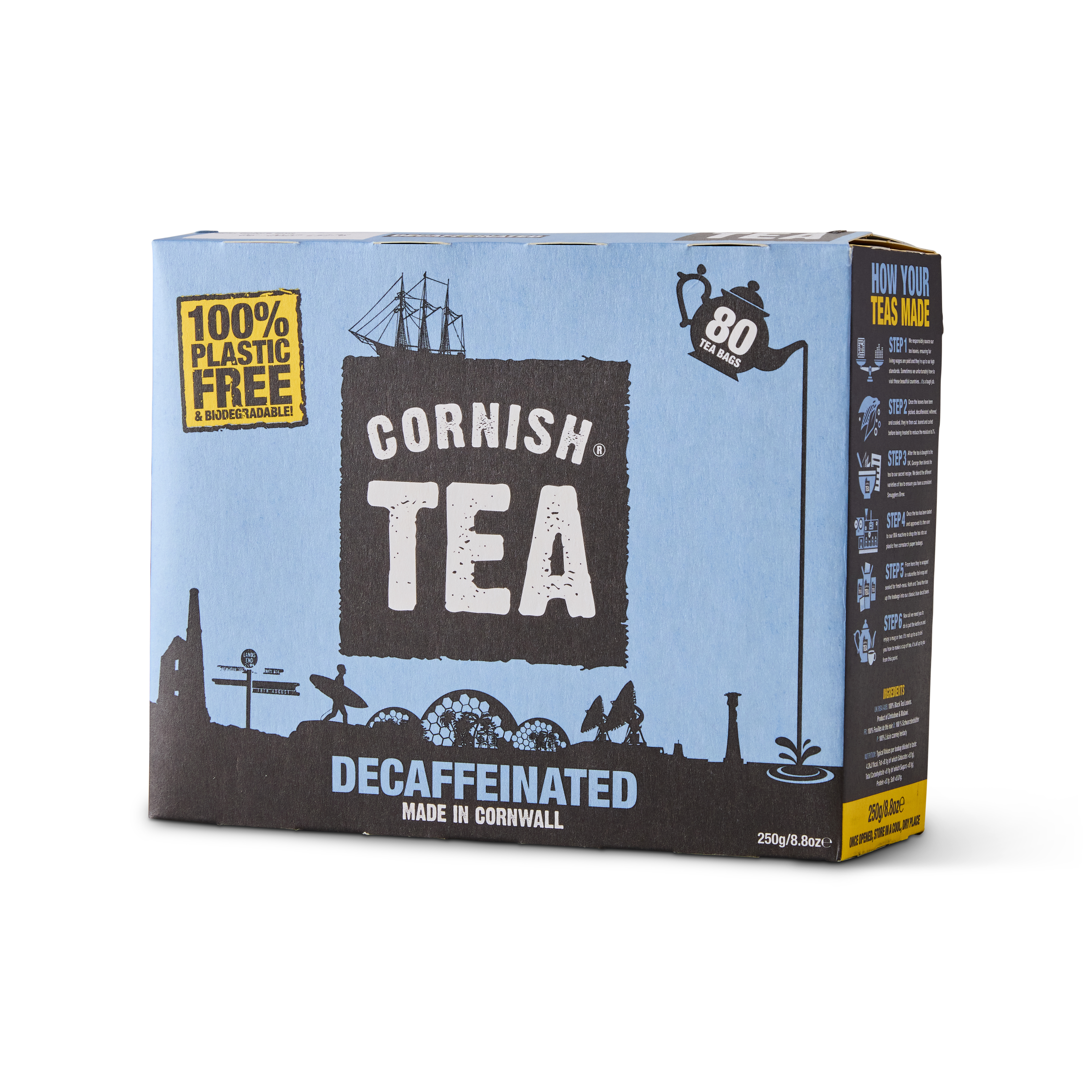Smugglers Brew 80s Decaffeinated Black Tea, featuring the 100% Plastic Free design with a Cornish Tea logo.
