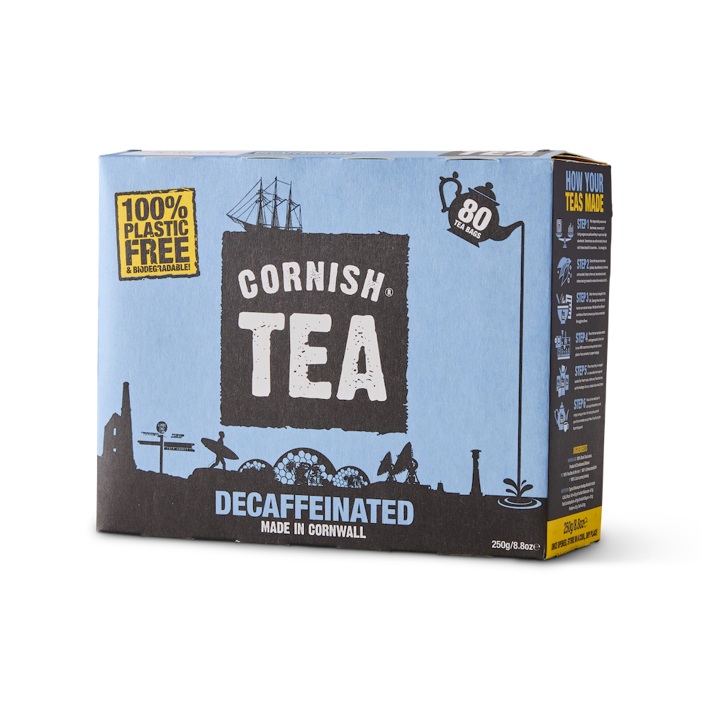 Smugglers Brew 80s Decaffeinated Black Tea, featuring the 100% Plastic Free design with a Cornish Tea logo.