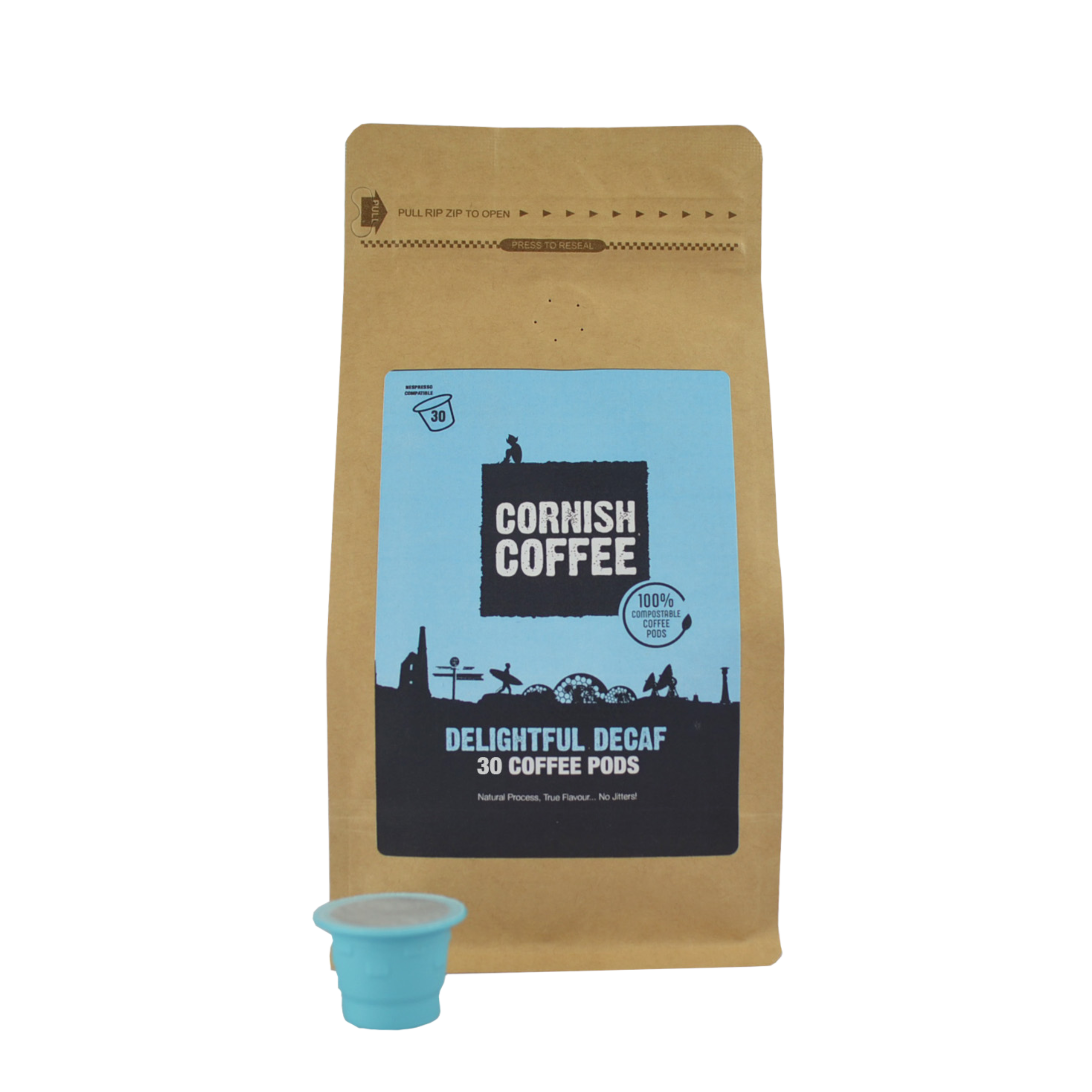 Bag of Delightful Decaf Cornish Coffee Pods - 30 Nespresso-compatible compostable capsules with smooth, mellow flavour.