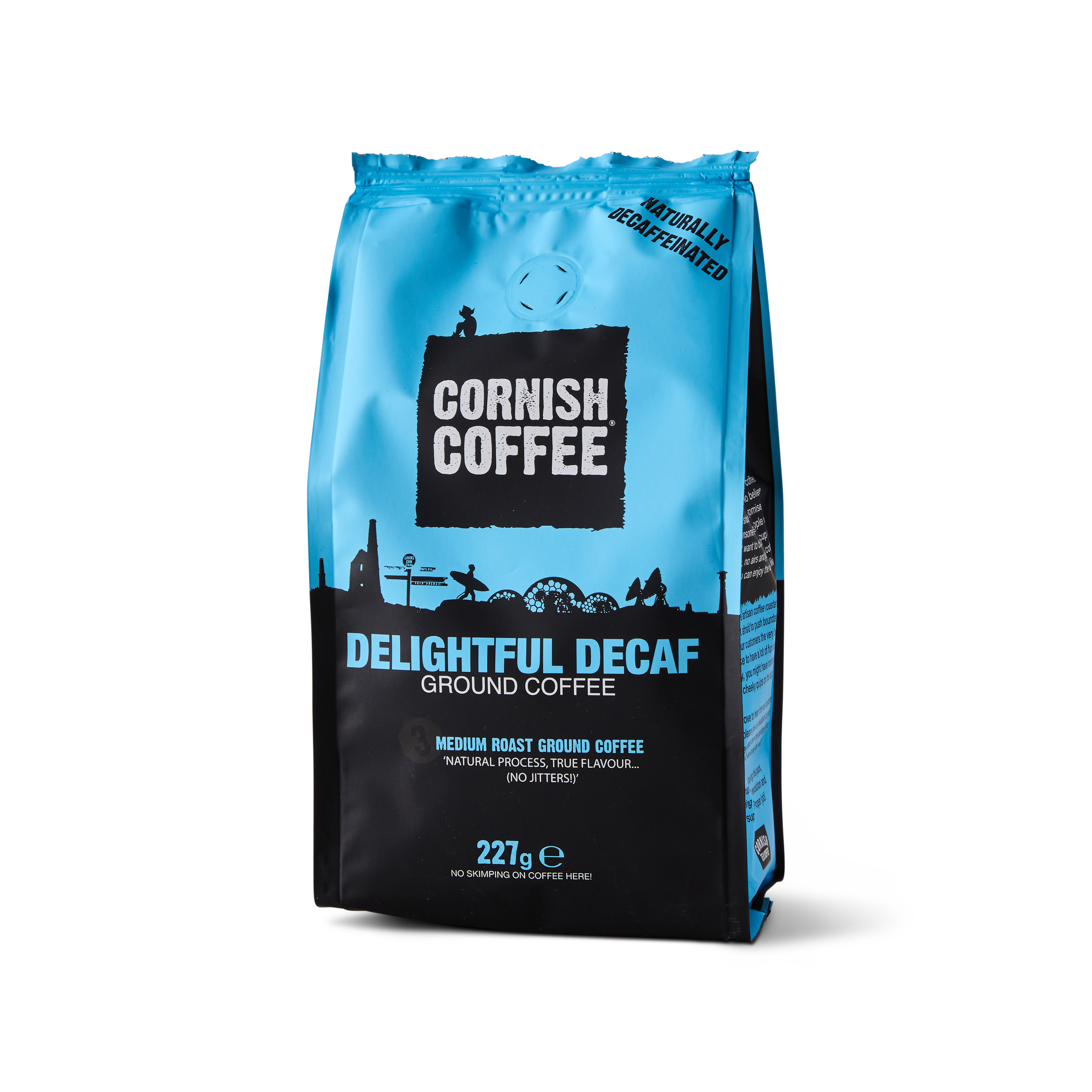227g pack of Cornish Coffee Delightful Decaf – ground coffee made from 100% Arabica beans, naturally decaffeinated using a CO₂ process.