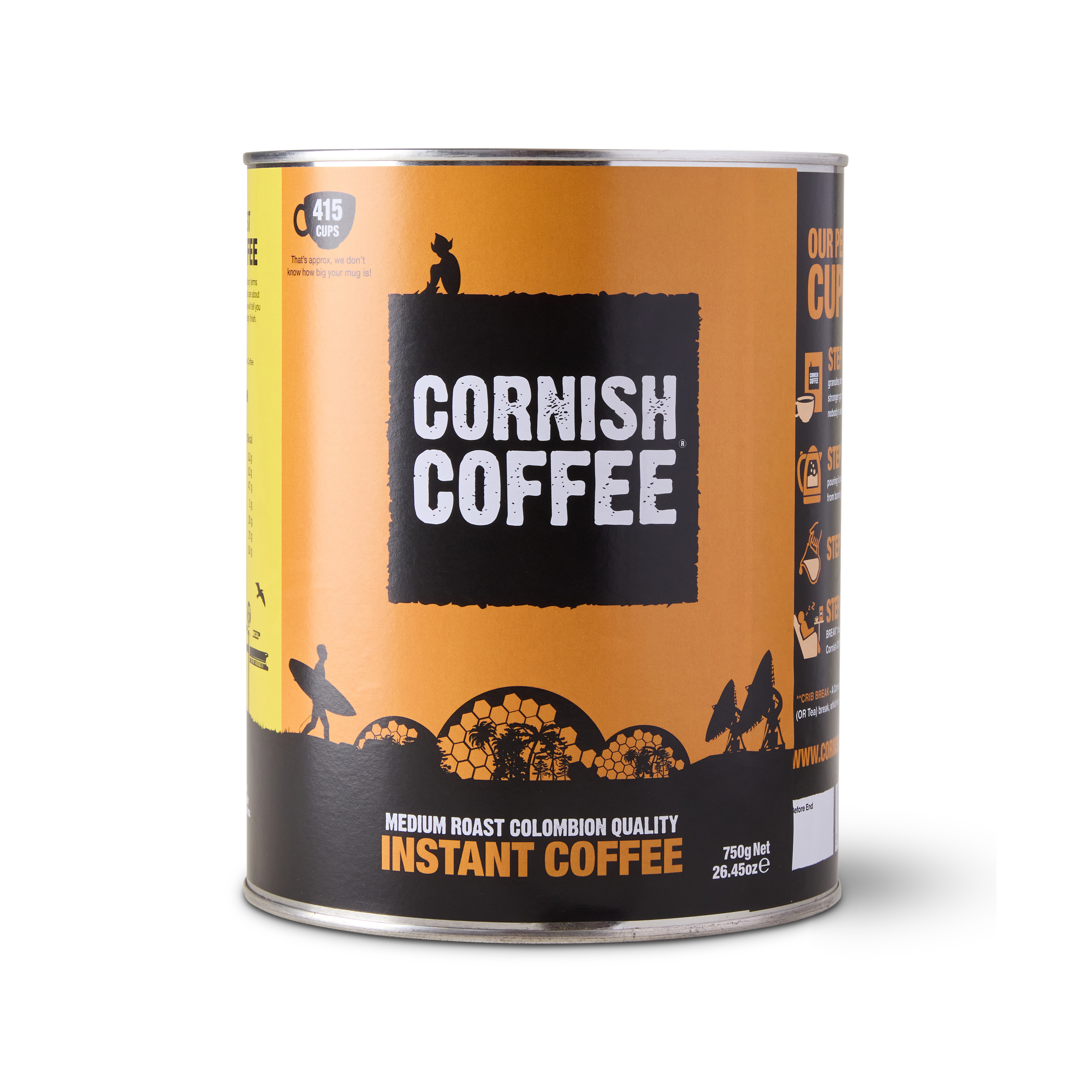750g tub of Instant Cornish Coffee – smooth, full-bodied instant coffee ideal for catering, office or home use.