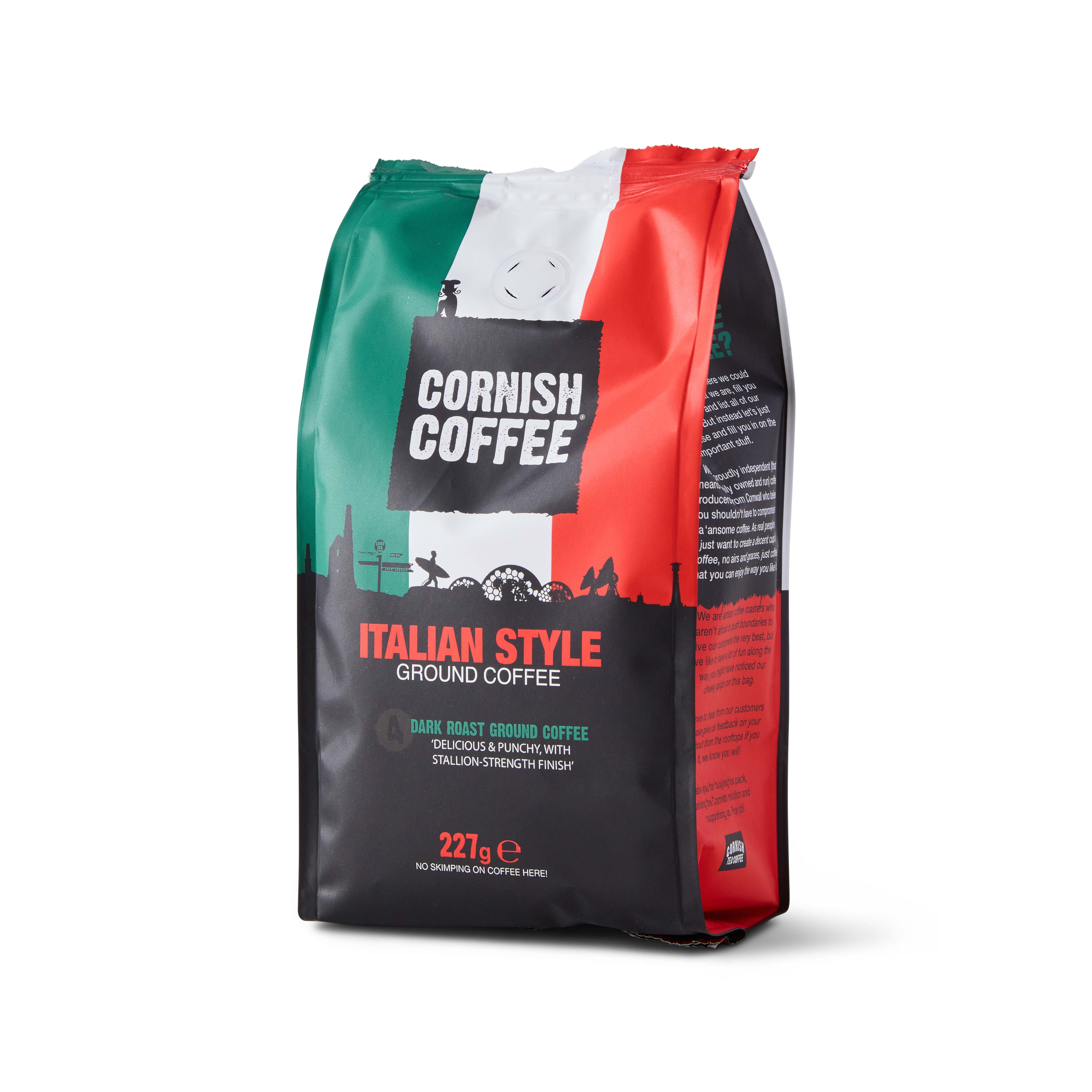 Bag of Italian Style Ground Coffee - 227g dark roast with bold flavour, molasses sweetness and chocolate finish, produced in Cornwall.
