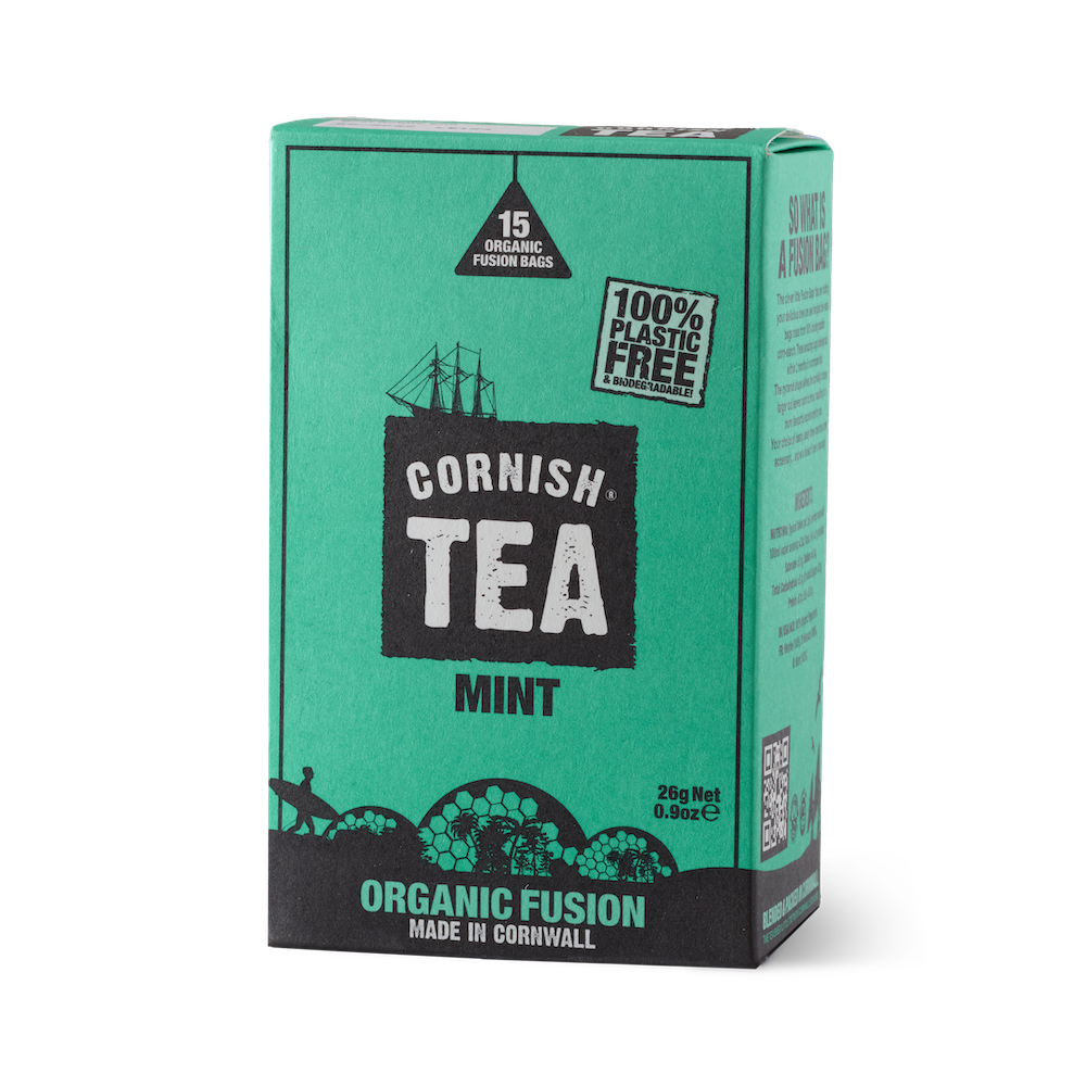 Box of 15 organic peppermint fusion tea bags, naturally caffeine-free with a cool, refreshing flavour and smooth finish.