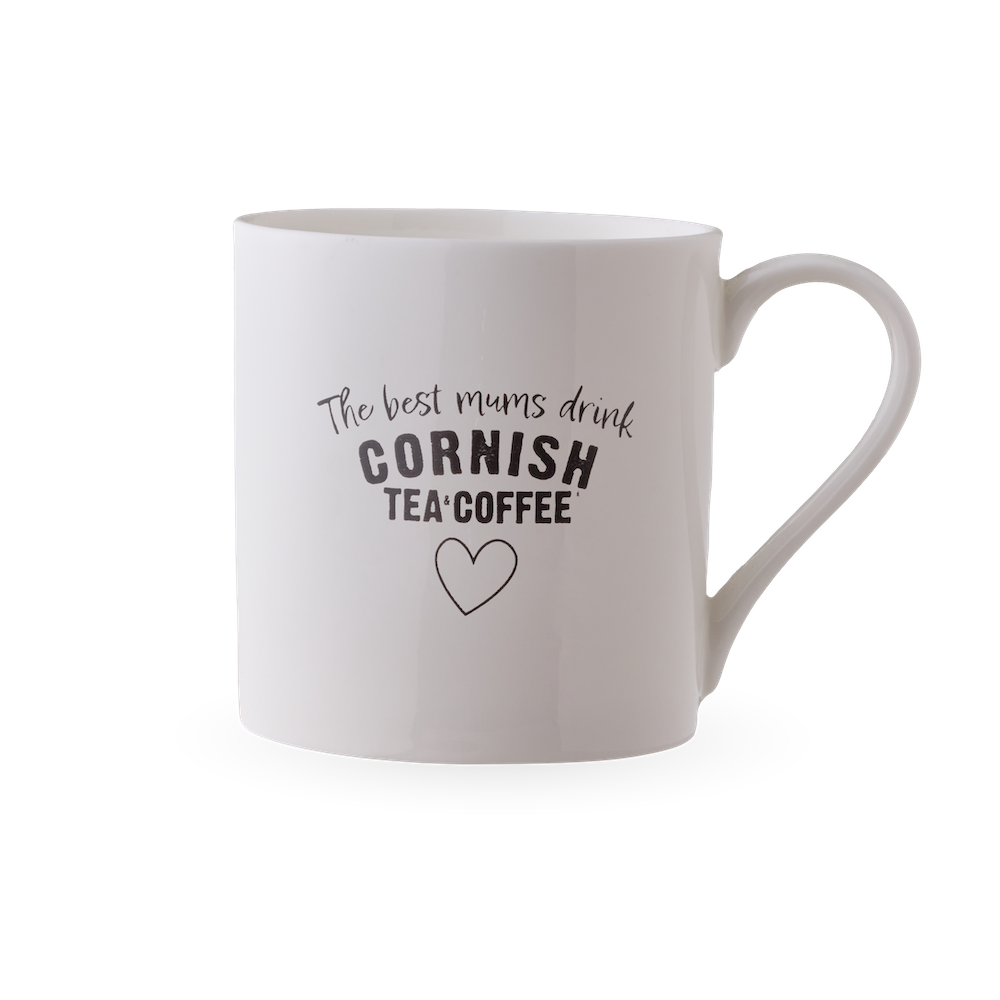 Bone china mug with slogan “The Best Mums Drink Cornish Tea & Coffee,” ideal gift for Mum.