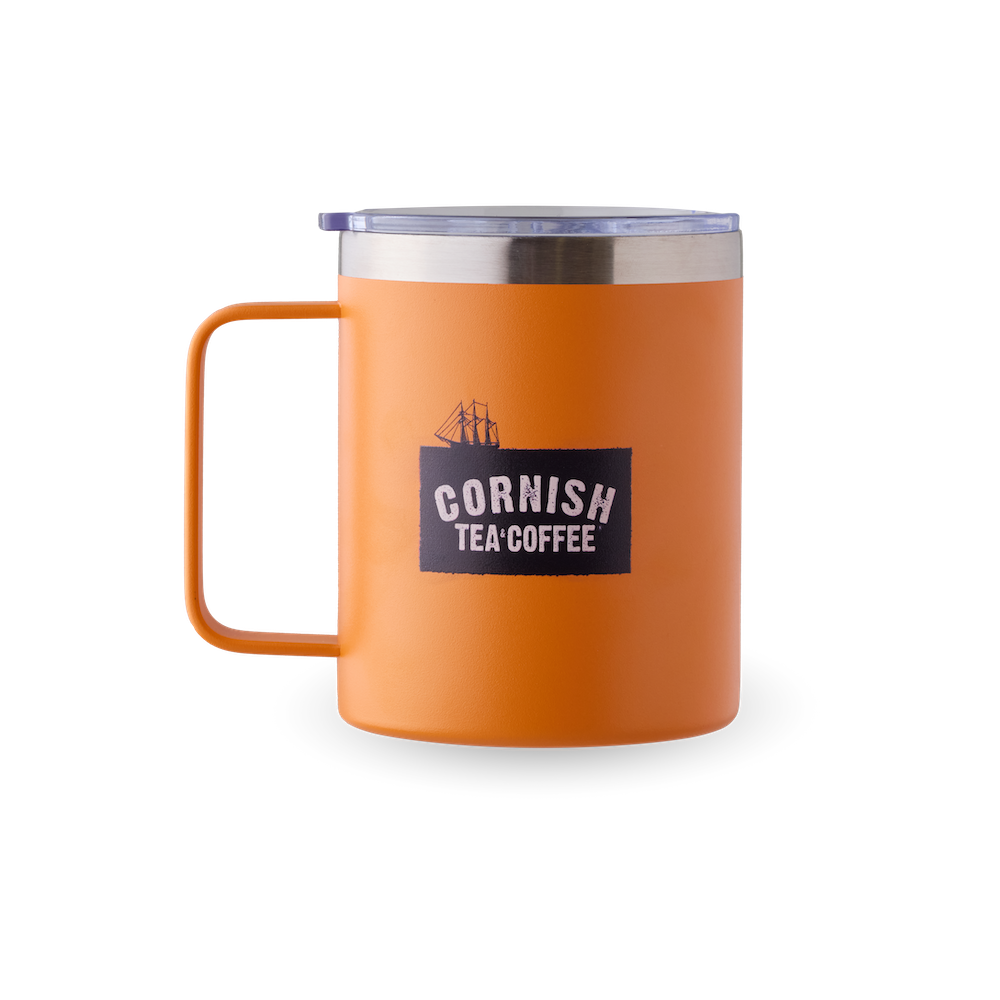 Orange metal travel mug with secure sip lid and handle from Cornish Tea & Coffee.