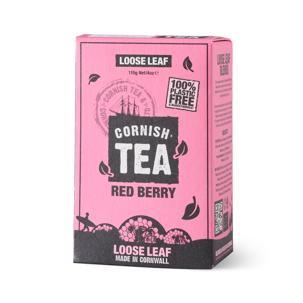 Box of Red Berry Loose Leaf Tea – 115g caffeine-free fruit infusion with hibiscus, grapes, elderberries, blackcurrants, and blueberries.