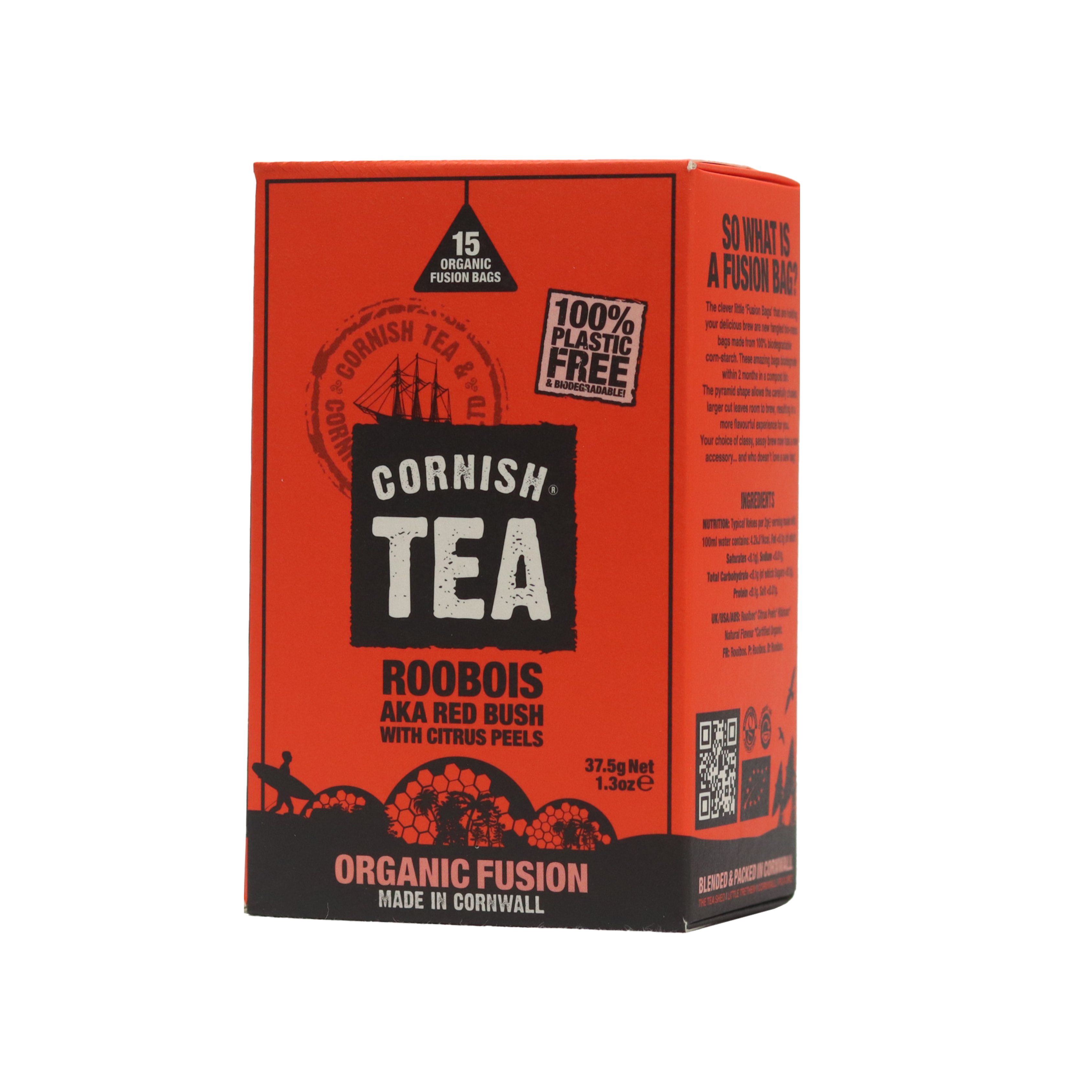 Box of 15 Rooibos Fusion Tea Bags – organic redbush with citrus and hibiscus, caffeine-free in biodegradable bags.