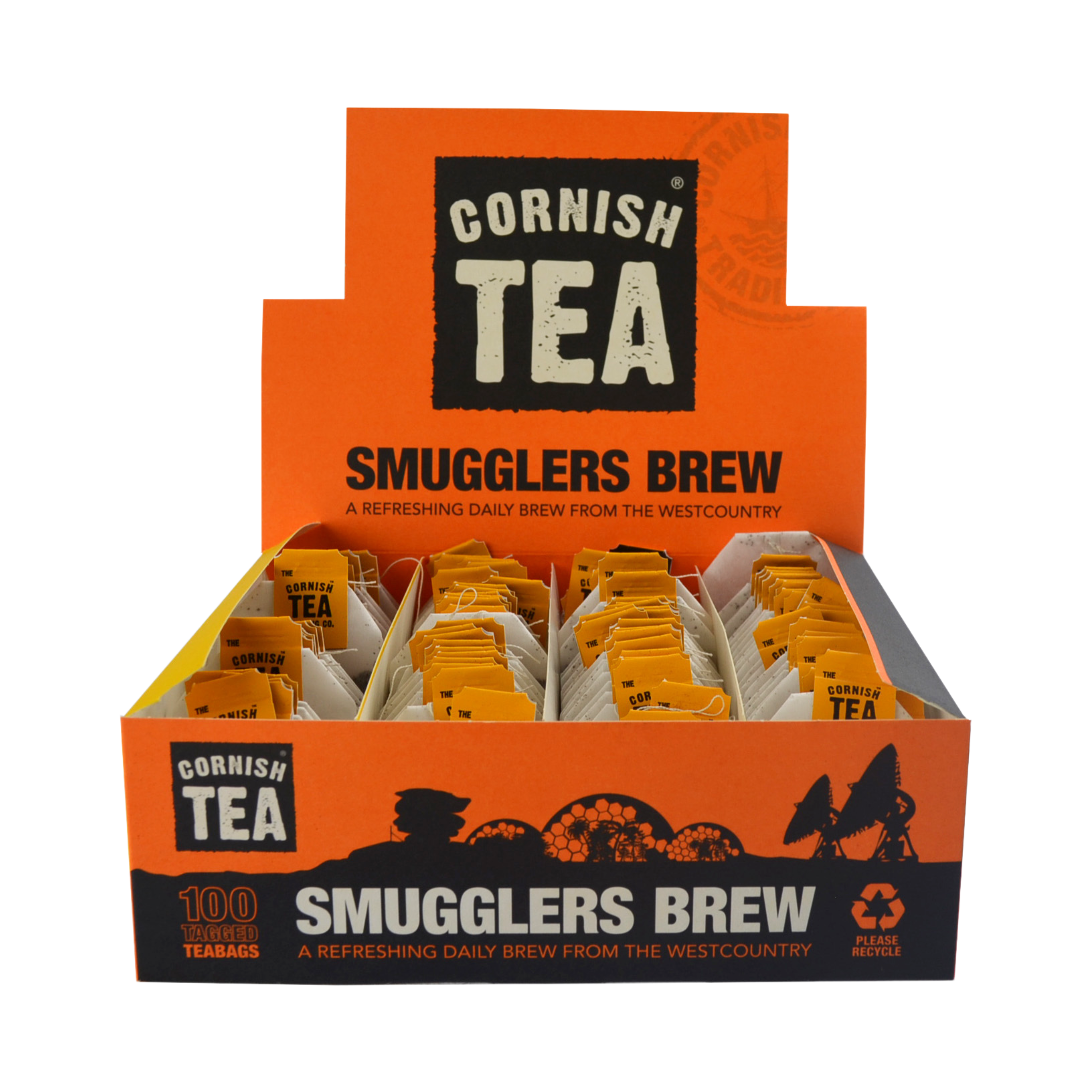 Box of 100 Smugglers Brew string and tag tea bags, plastic-free and packed in Cornwall.