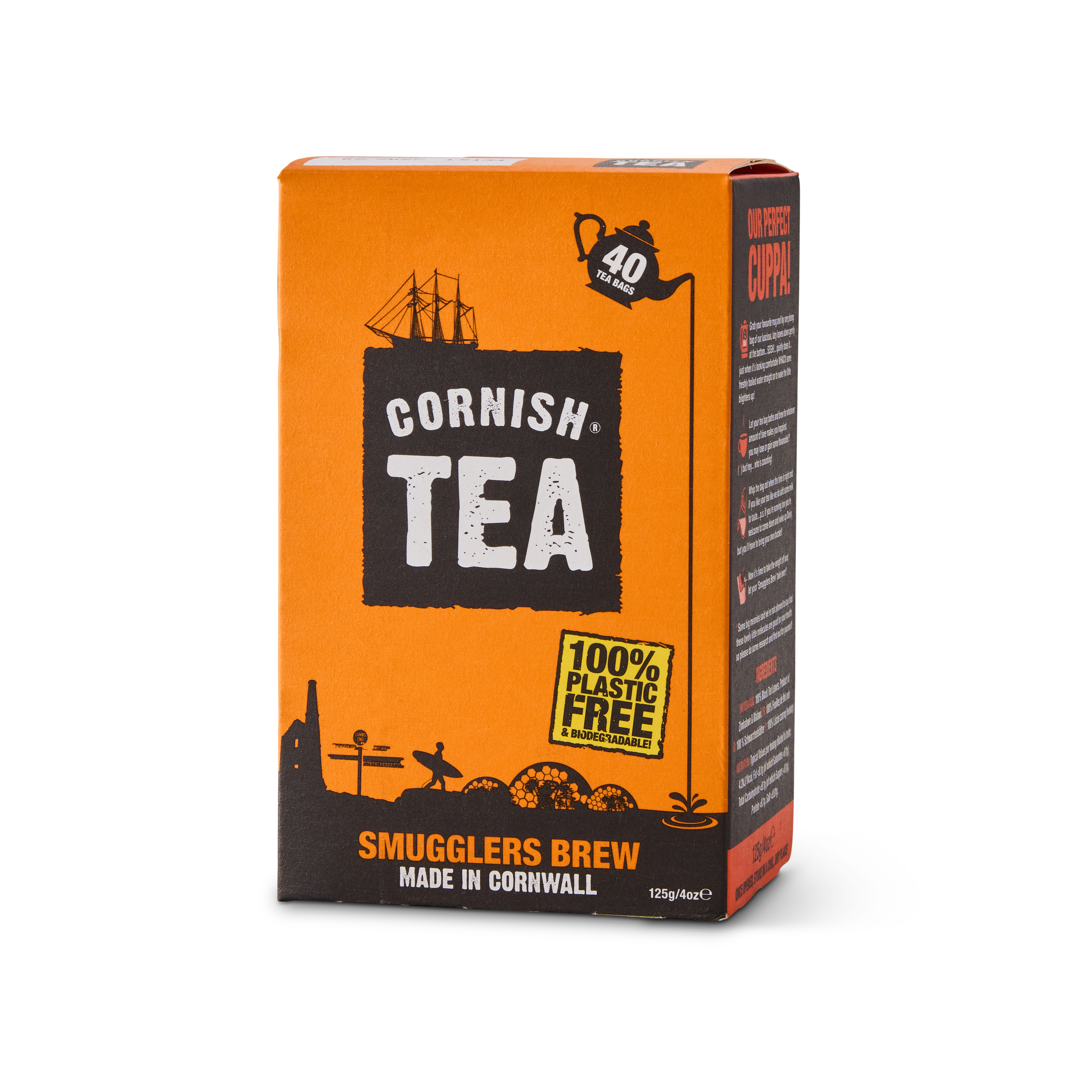 Box of 40 Smugglers Brew tea bags, foil-wrapped for freshness, made in Cornwall and packed plastic-free.