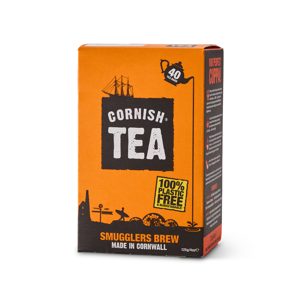Box of 40 Smugglers Brew tea bags, foil-wrapped for freshness, made in Cornwall and packed plastic-free.