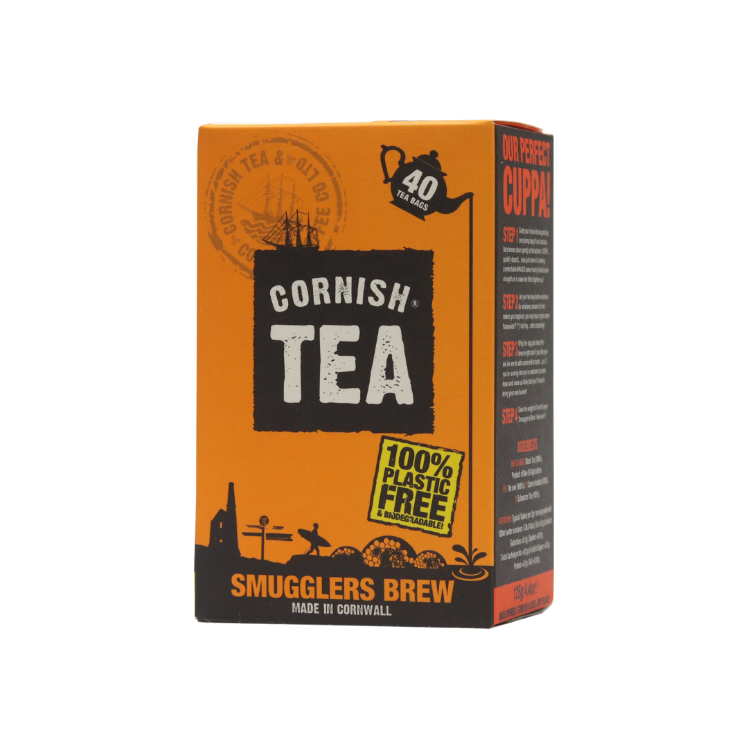 Box of 40 Smugglers Brew tea bags, foil-wrapped for freshness, made in Cornwall and packed plastic-free.