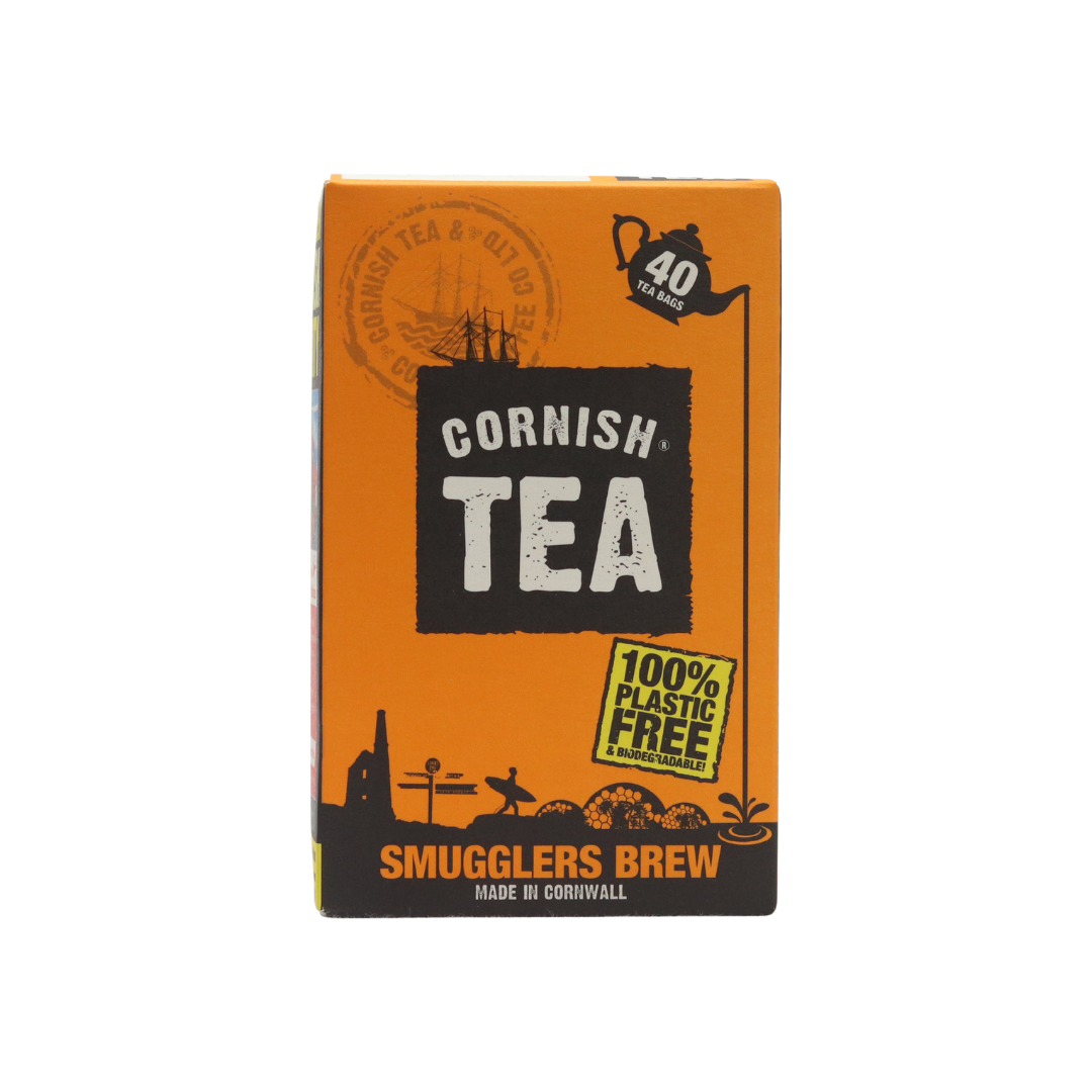 Box of 40 Smugglers Brew tea bags, foil-wrapped for freshness, made in Cornwall and packed plastic-free.