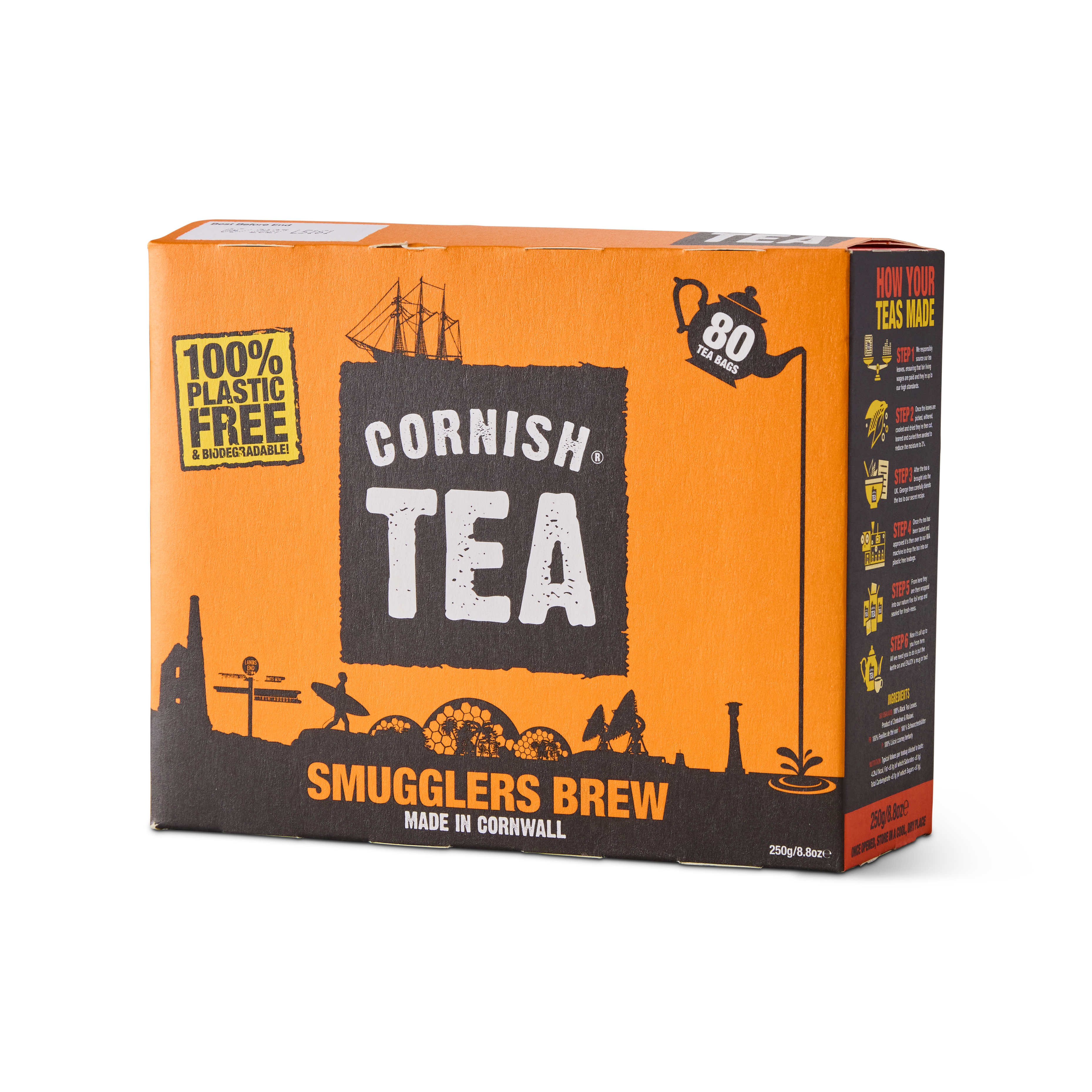 Box of 80 Smugglers Brew black tea bags, foil-wrapped and plastic-free, blended and packed in Cornwall.