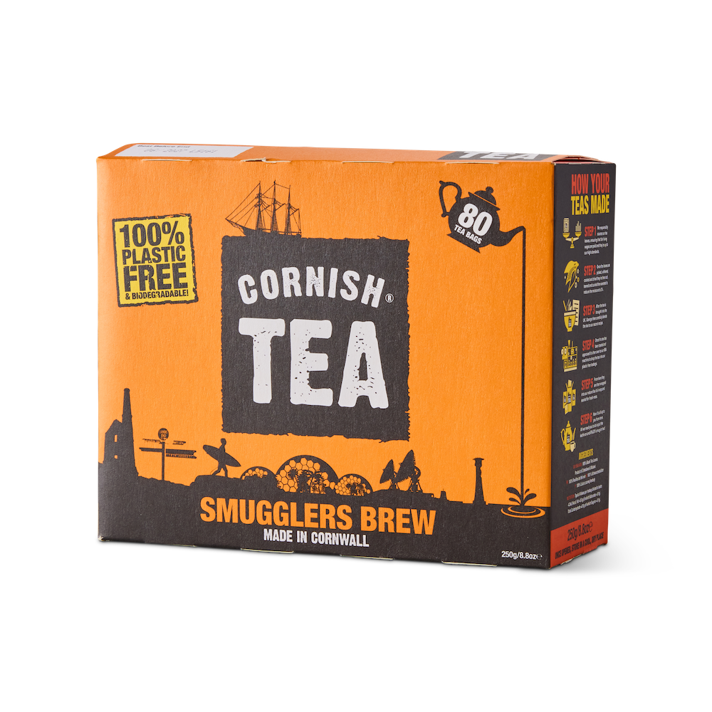 Box of 80 Smugglers Brew black tea bags, foil-wrapped and plastic-free, blended and packed in Cornwall.