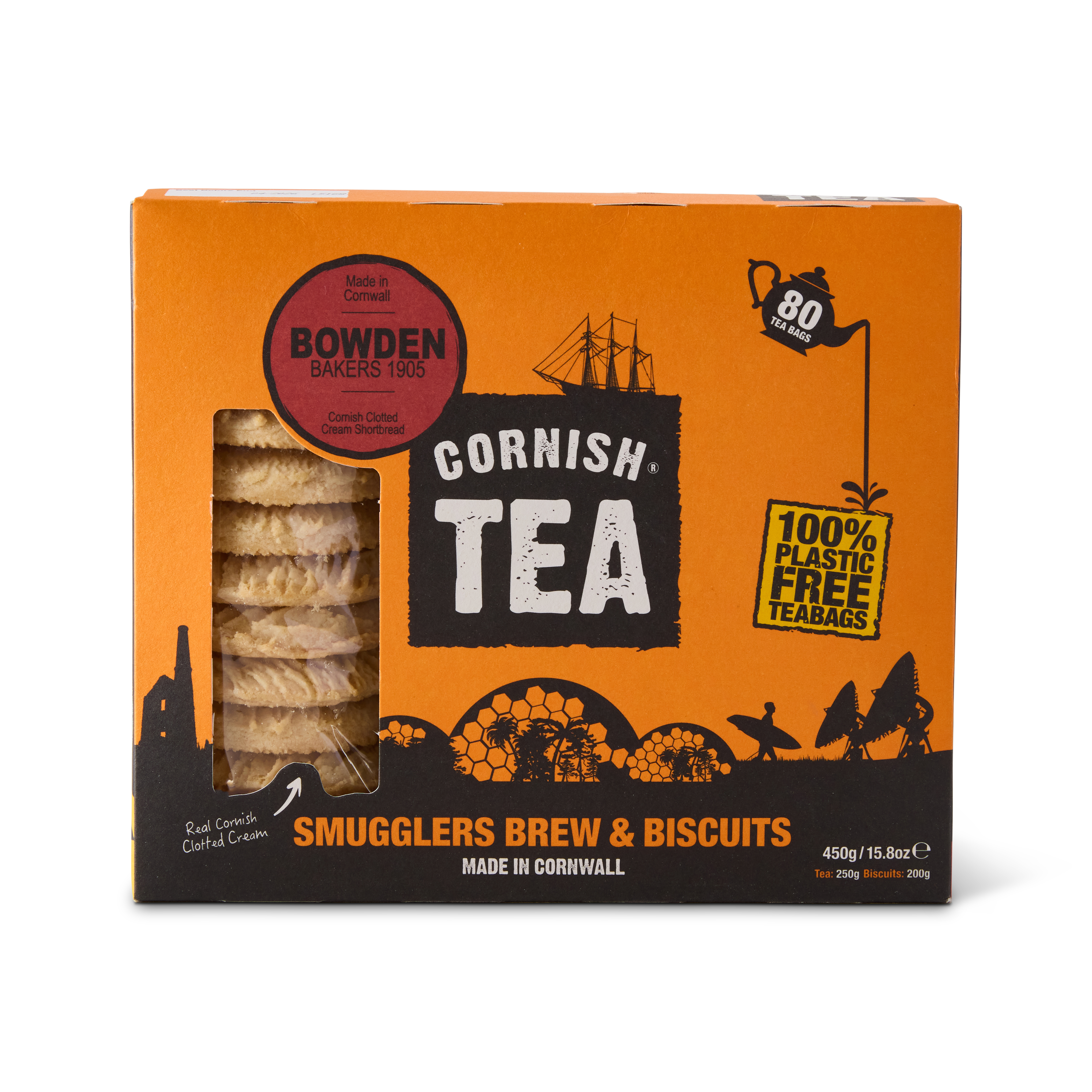 Gift box featuring a pack of Cornish Smugglers Brew Tea and a box of Clotted Cream Biscuits. The packaging highlights the iconic orange of Smugglers Brew and classic Cornish branding – perfect for gifting.