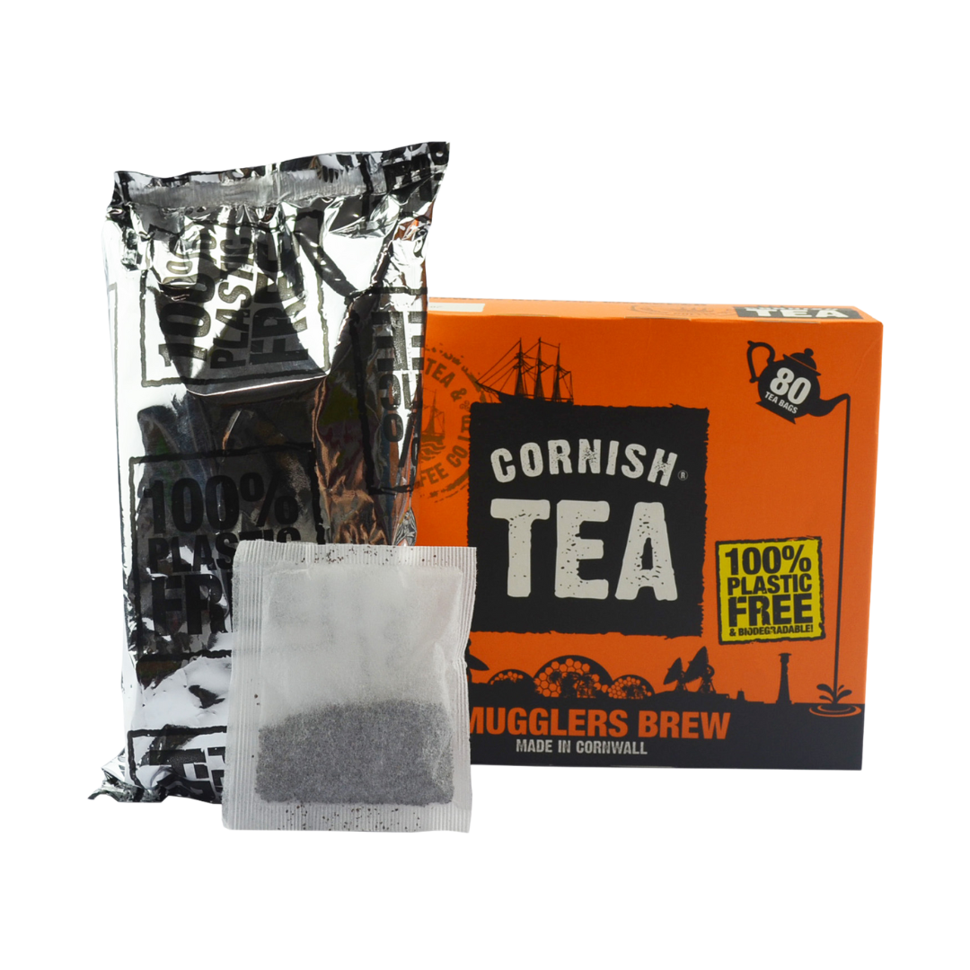 Box of 80 Smugglers Brew black tea bags, foil-wrapped and plastic-free, blended and packed in Cornwall.