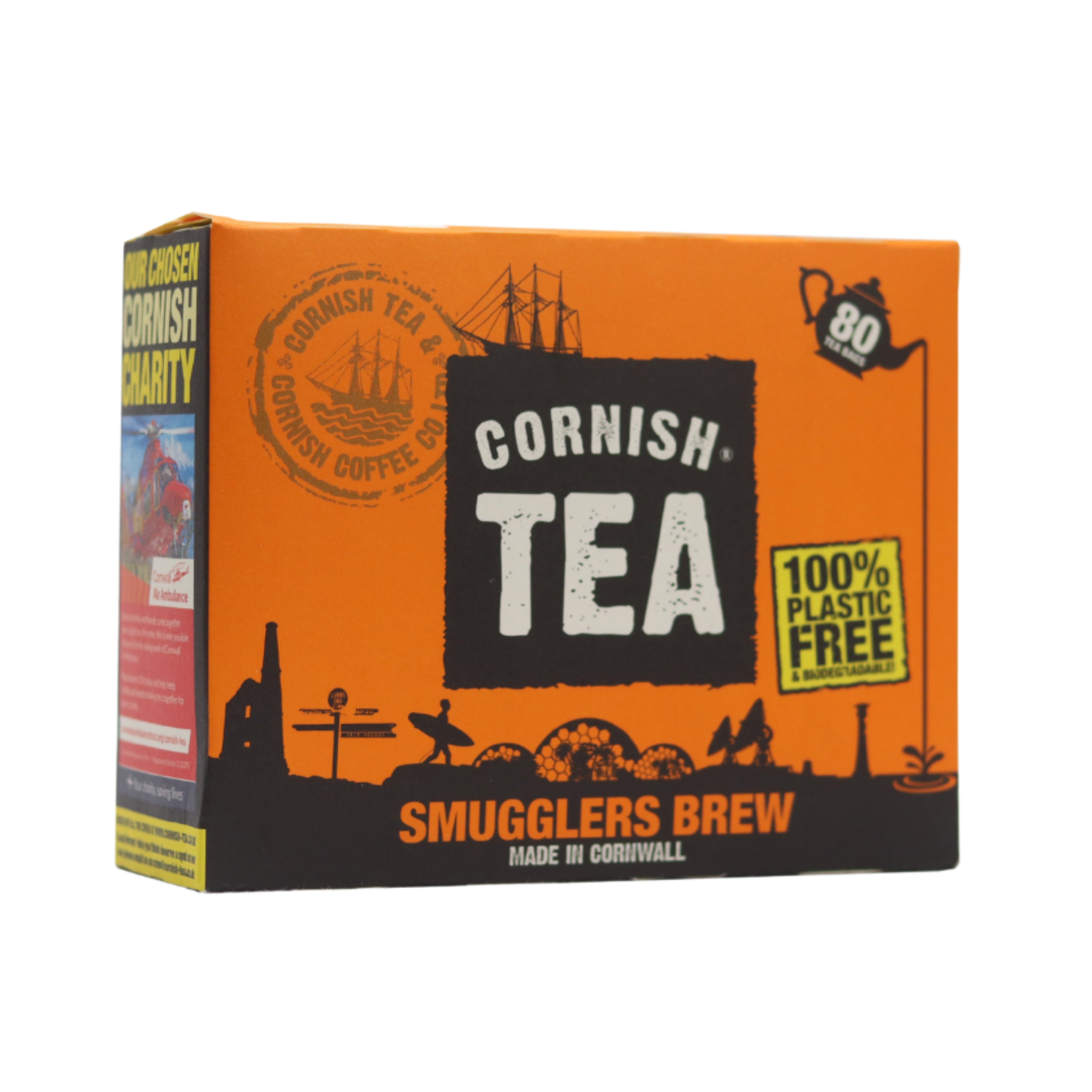 Box of 80 Smugglers Brew black tea bags, foil-wrapped and plastic-free, blended and packed in Cornwall.