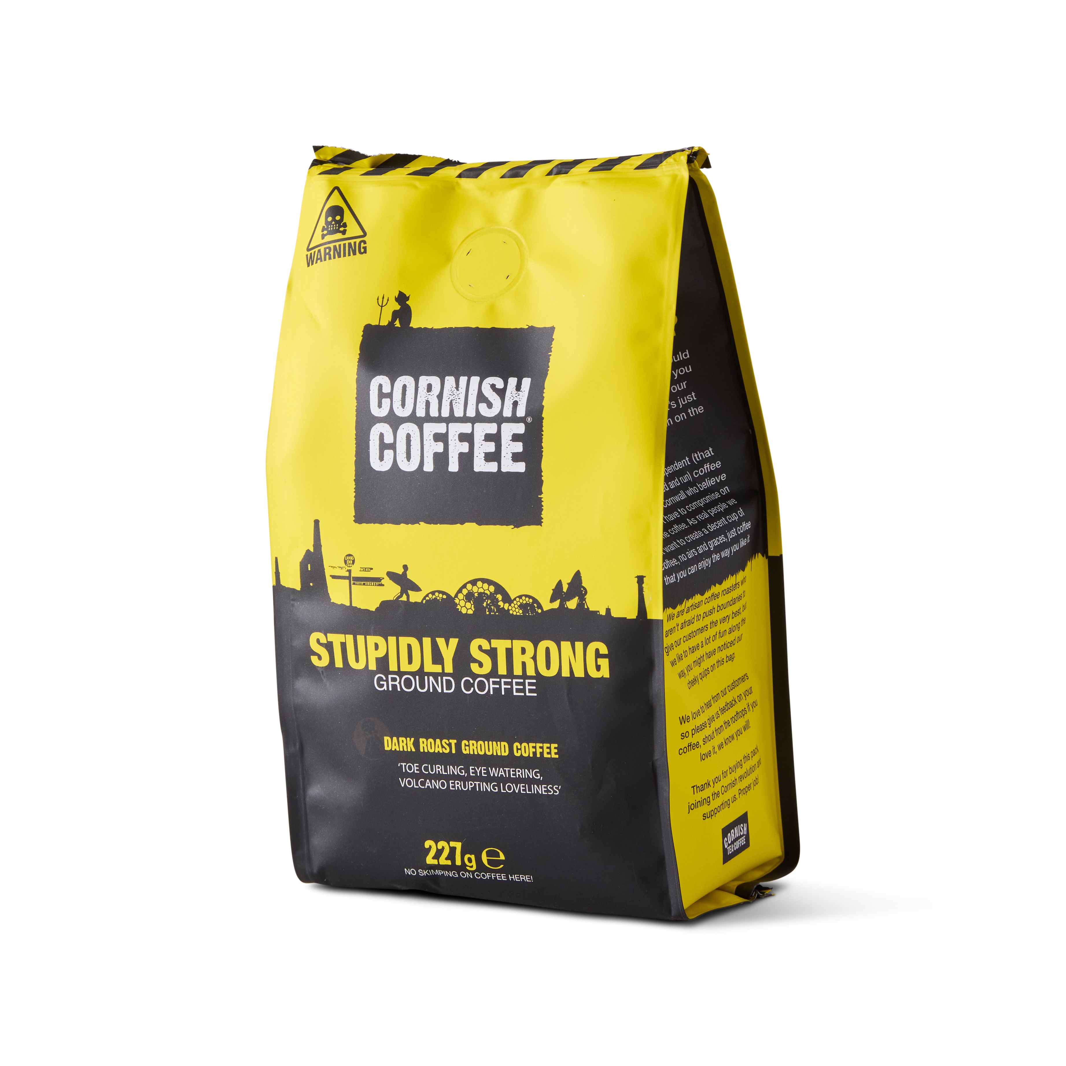 Bag of Stupidly Strong Ground Coffee - 227g high-caffeine blend with warning label, produced in Cornwall for maximum strength.