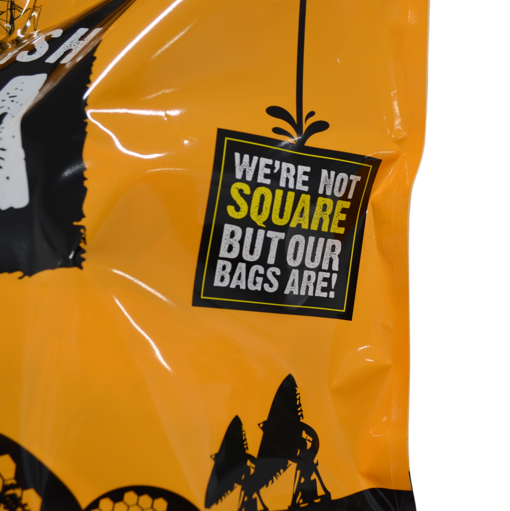 Close-up of Smugglers Brew catering pack showing the phrase “We’re not square but our bags are” on the packaging.