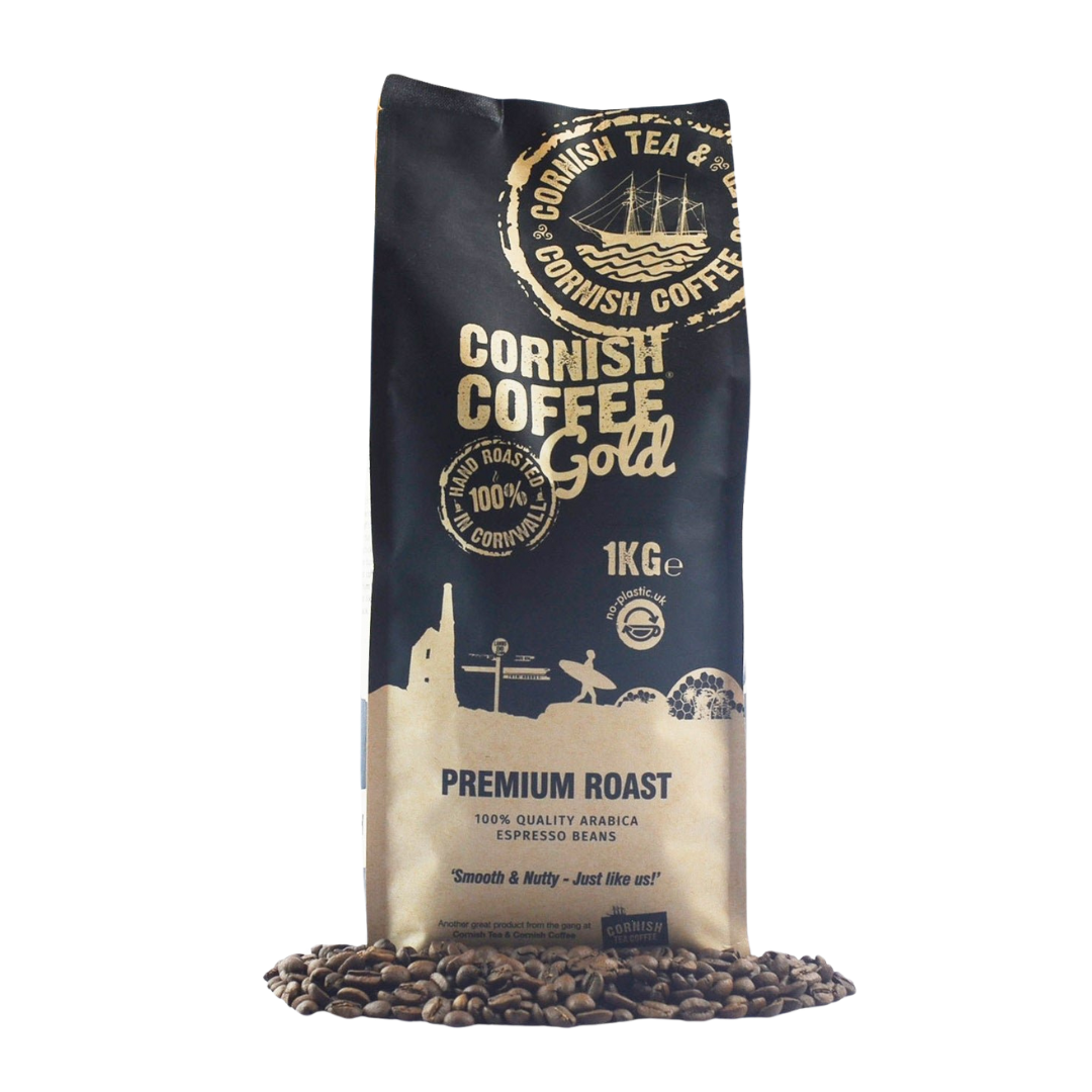 1kg bag of Premium Roast Cornish Coffee Beans – medium roast Arabica beans from Guatemala and Brazil, roasted in Cornwall with citrus and caramel notes.