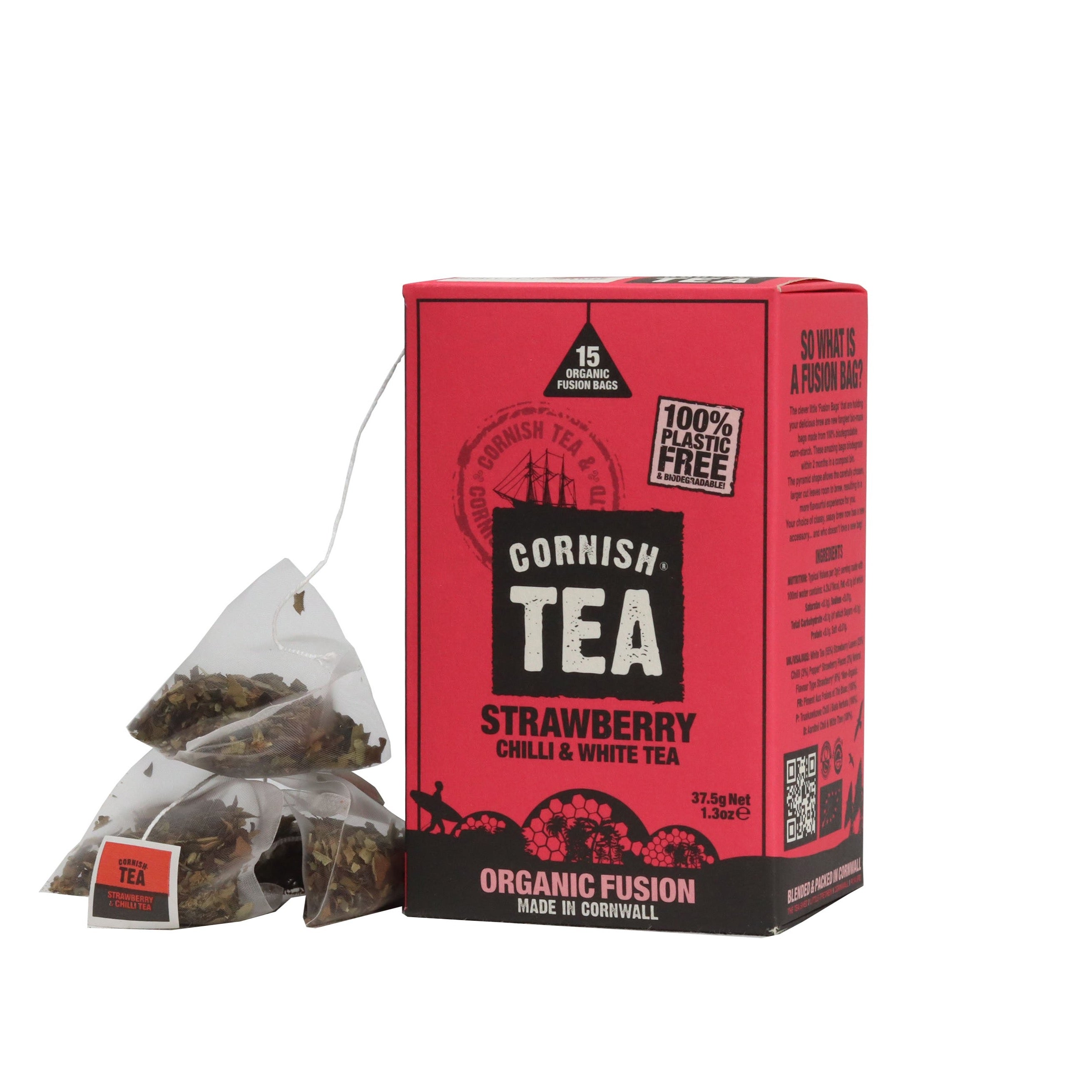 Box of 15 Strawberry, Chilli & White Tea fusion bags with real strawberry and a subtle chilli heat, made with delicate white tea leaves.