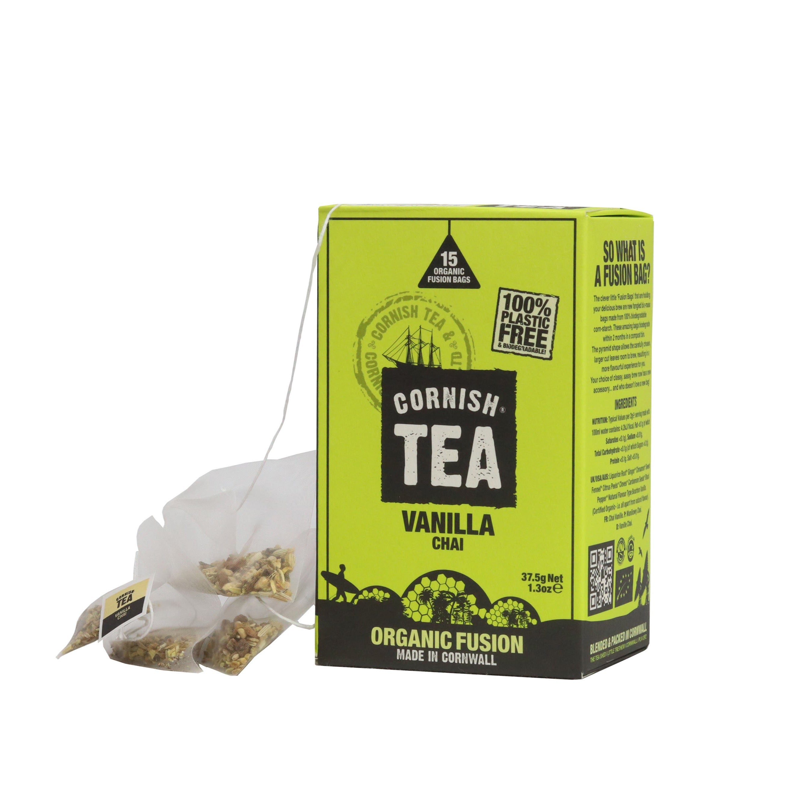 Pack of 15 organic Vanilla Chai fusion tea bags with liquorice, cinnamon, cardamom, and vanilla, naturally caffeine-free and certified organic.