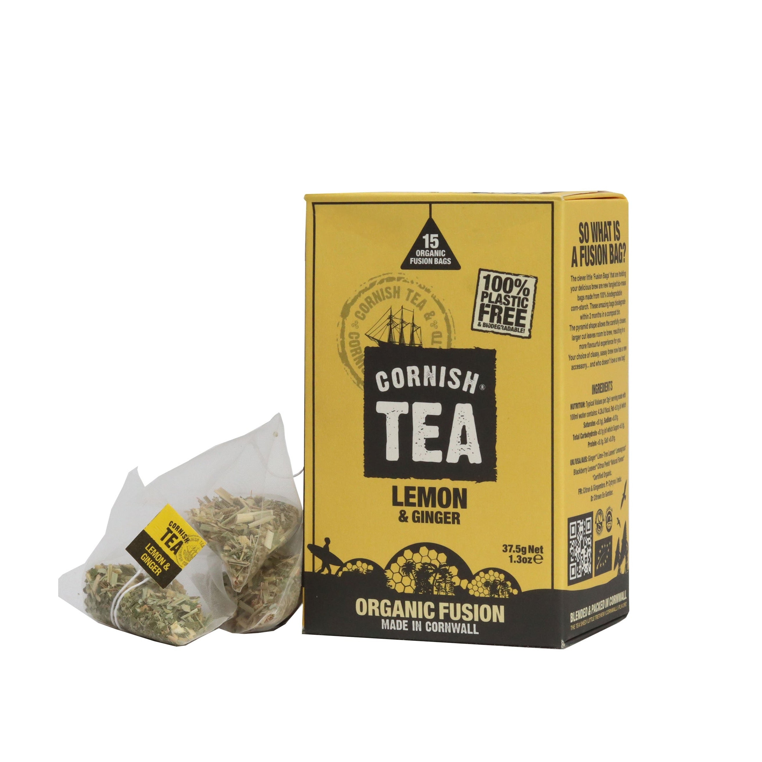 Pack of 15 organic Lemon & Ginger fusion tea bags with ginger, lemongrass, and citrus peel, naturally caffeine-free and certified organic.