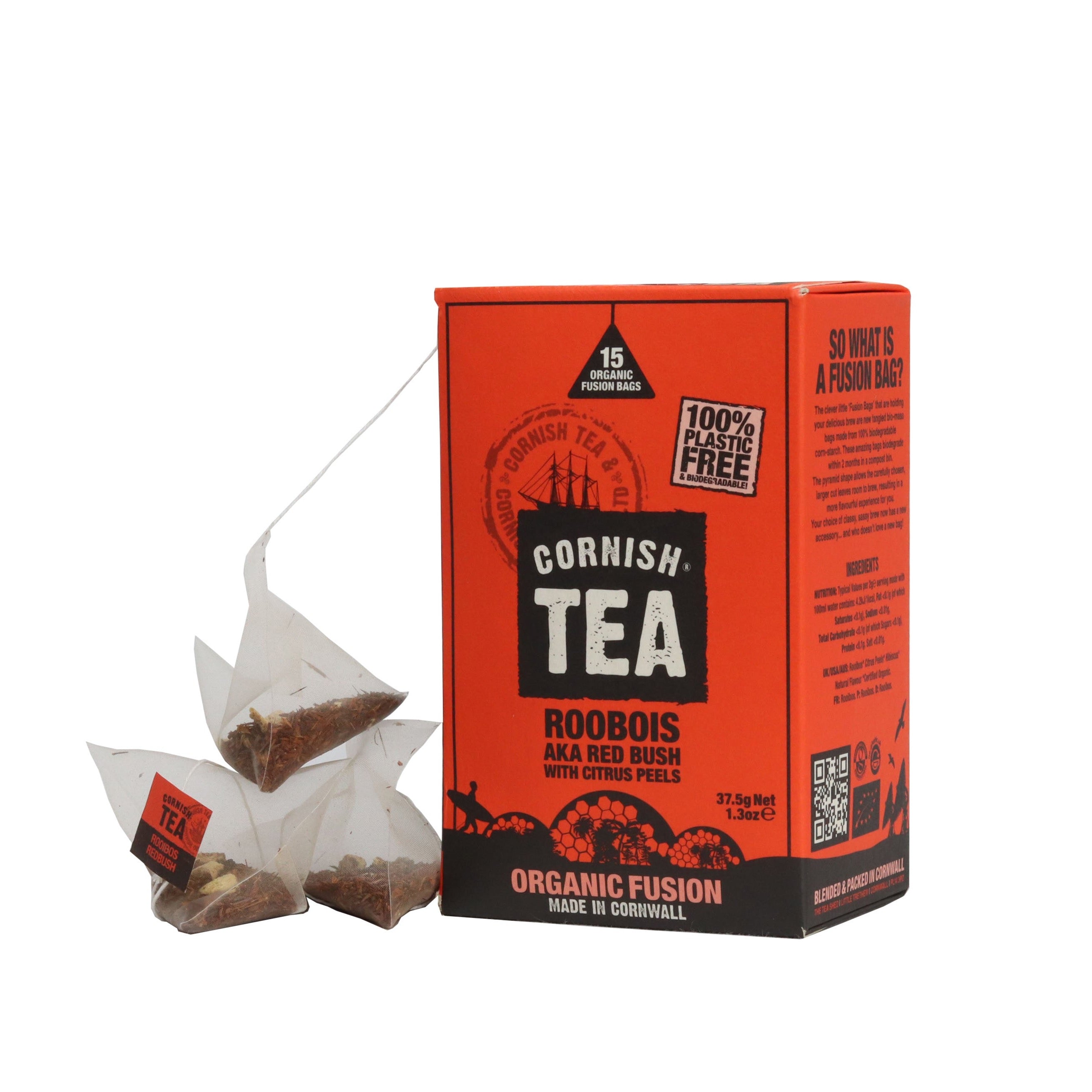 Box of 15 Rooibos Fusion Tea Bags – organic redbush with citrus and hibiscus, caffeine-free in biodegradable bags.