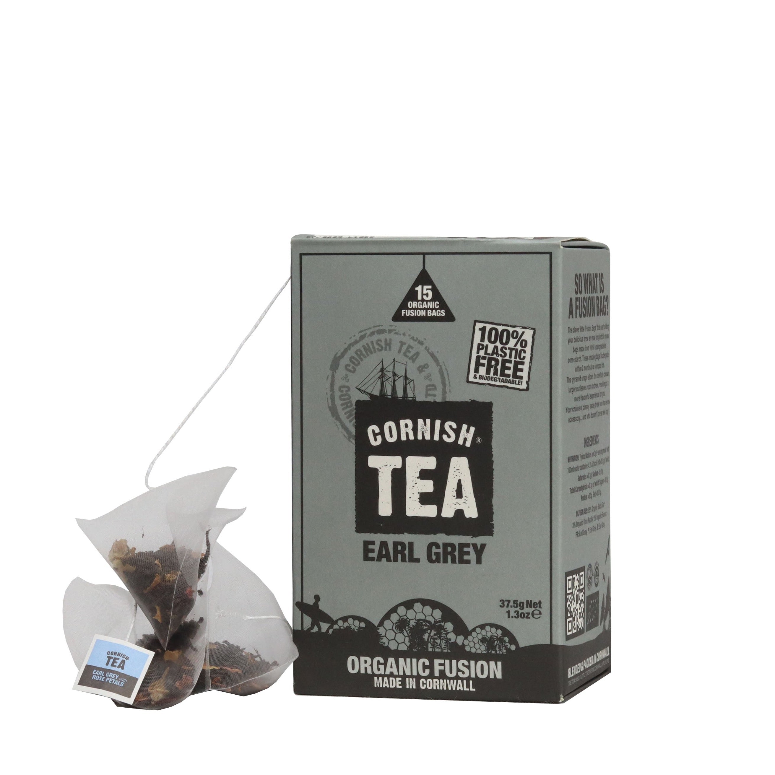 Box of 15 Earl Grey fusion tea bags with African black tea and a subtle hint of rose petals, aromatic and caffeine-rich.