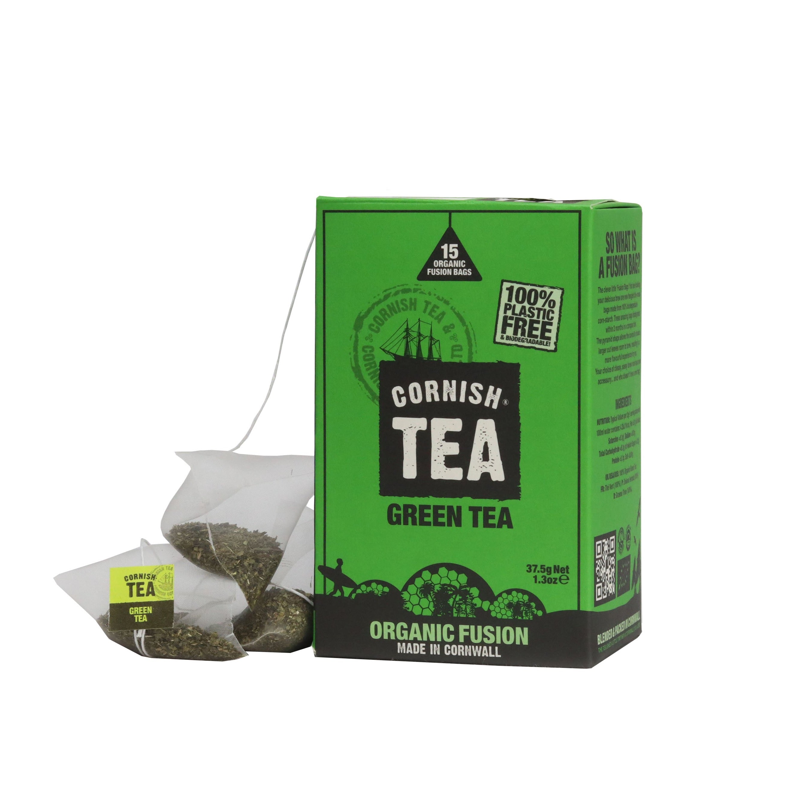 Box of 15 organic green tea fusion bags with a smooth, earthy flavour – plastic-free and made with 100% pure green tea leaves.