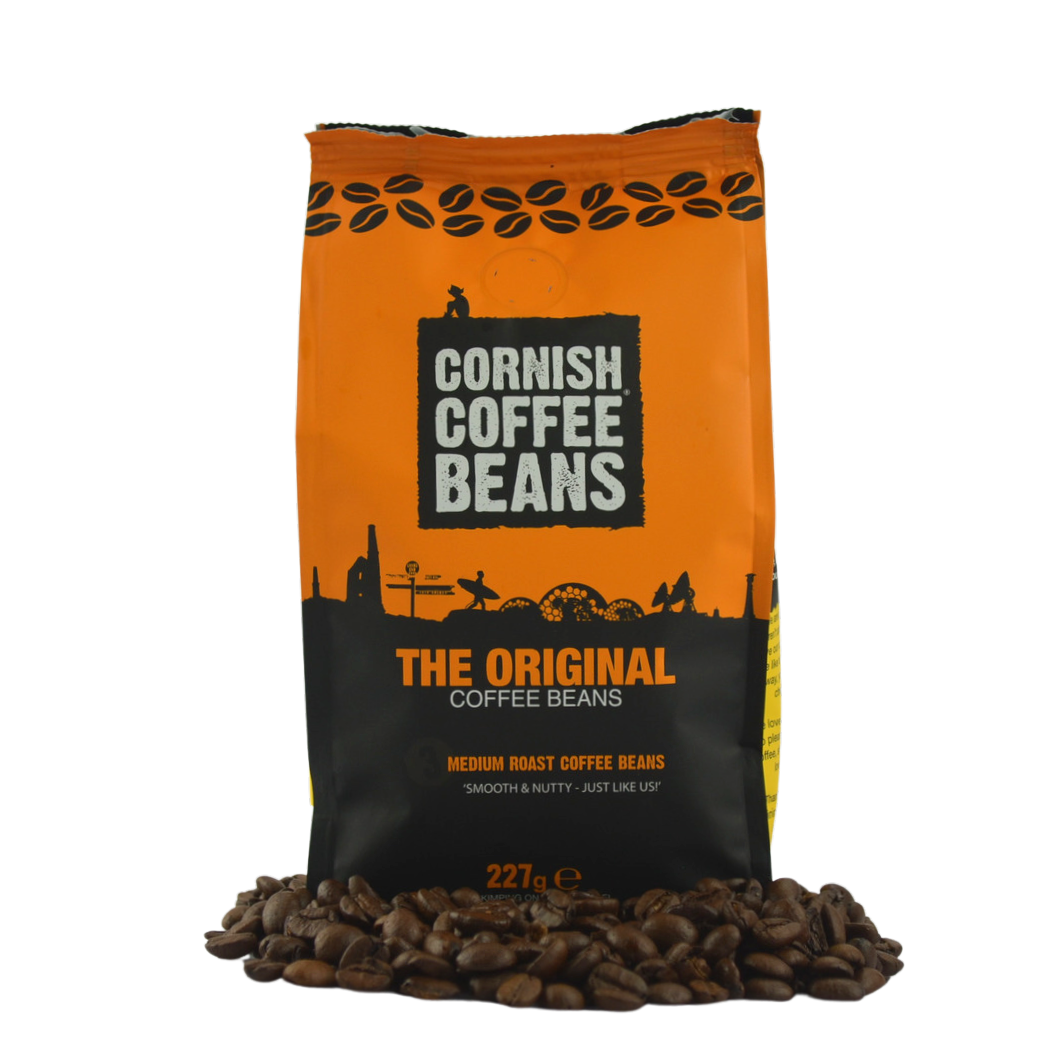 227g bag of Cornish Coffee Beans – original blend with smooth, well-rounded flavour, honey and vanilla notes, roasted in Cornwall.