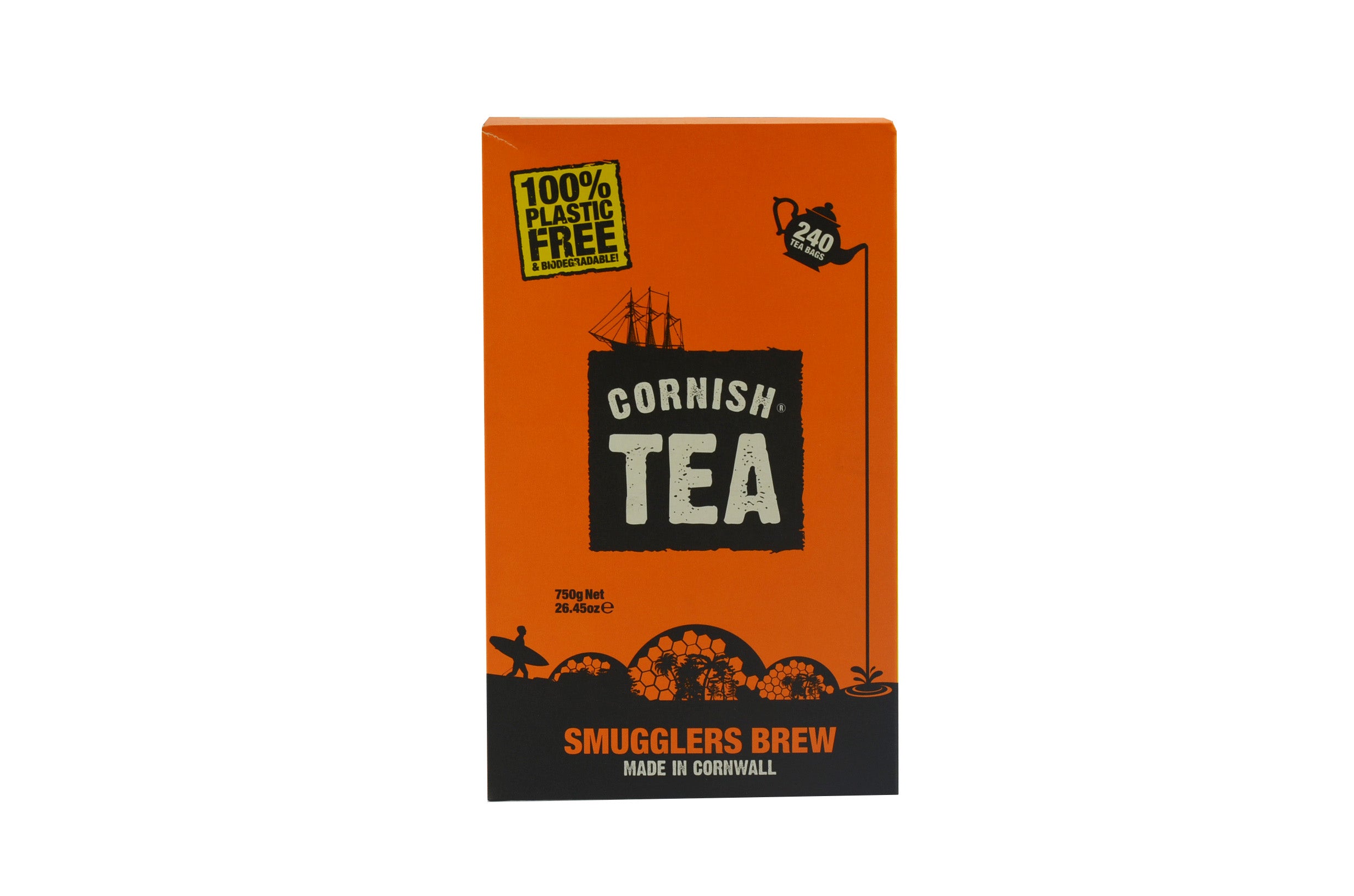 Box of 240 Smugglers Brew tea bags in 6 sealed sleeves, Cornish black tea, plastic-free and biodegradable.