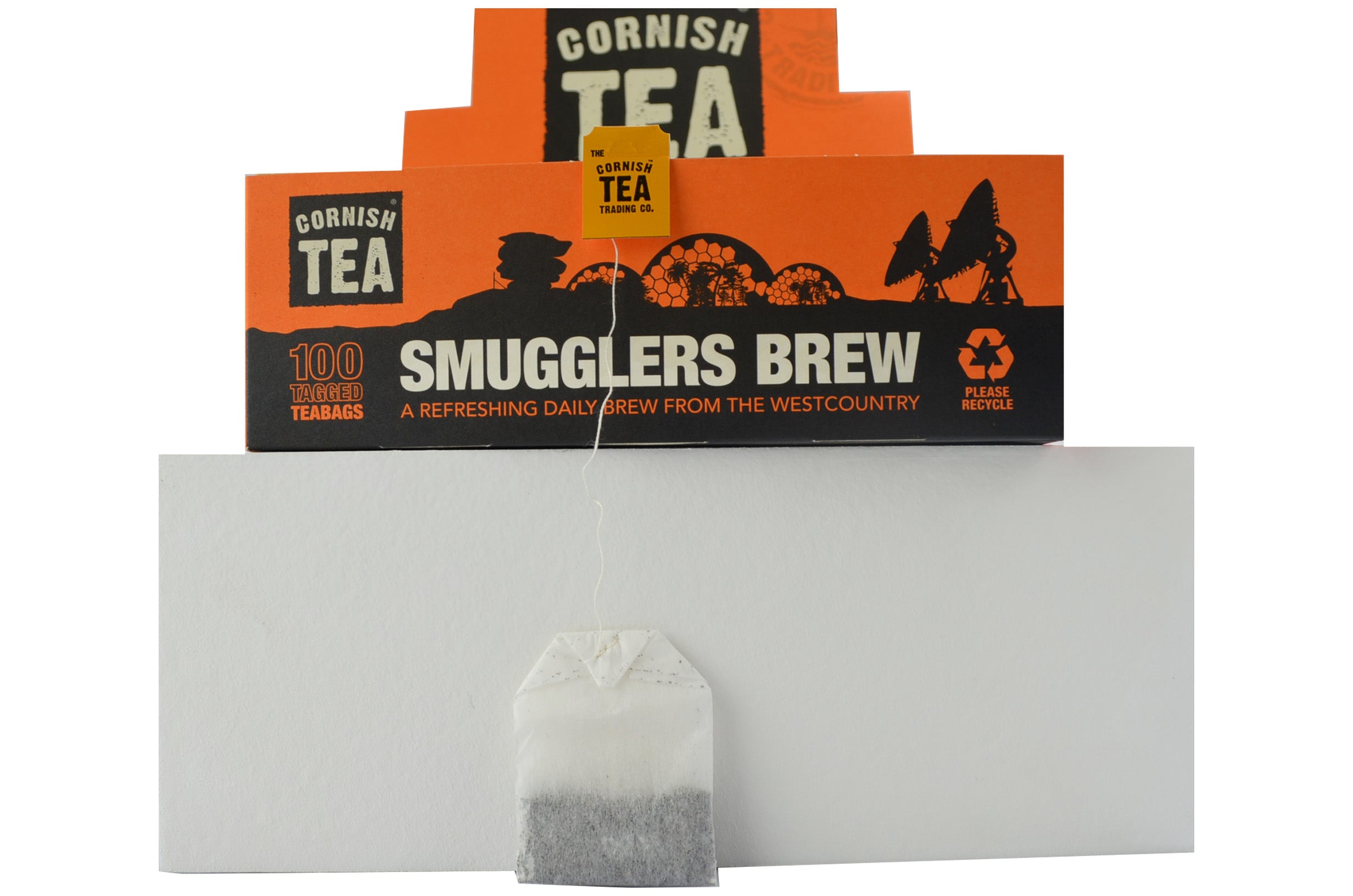 Box of 100 Smugglers Brew string and tag tea bags, plastic-free and packed in Cornwall.