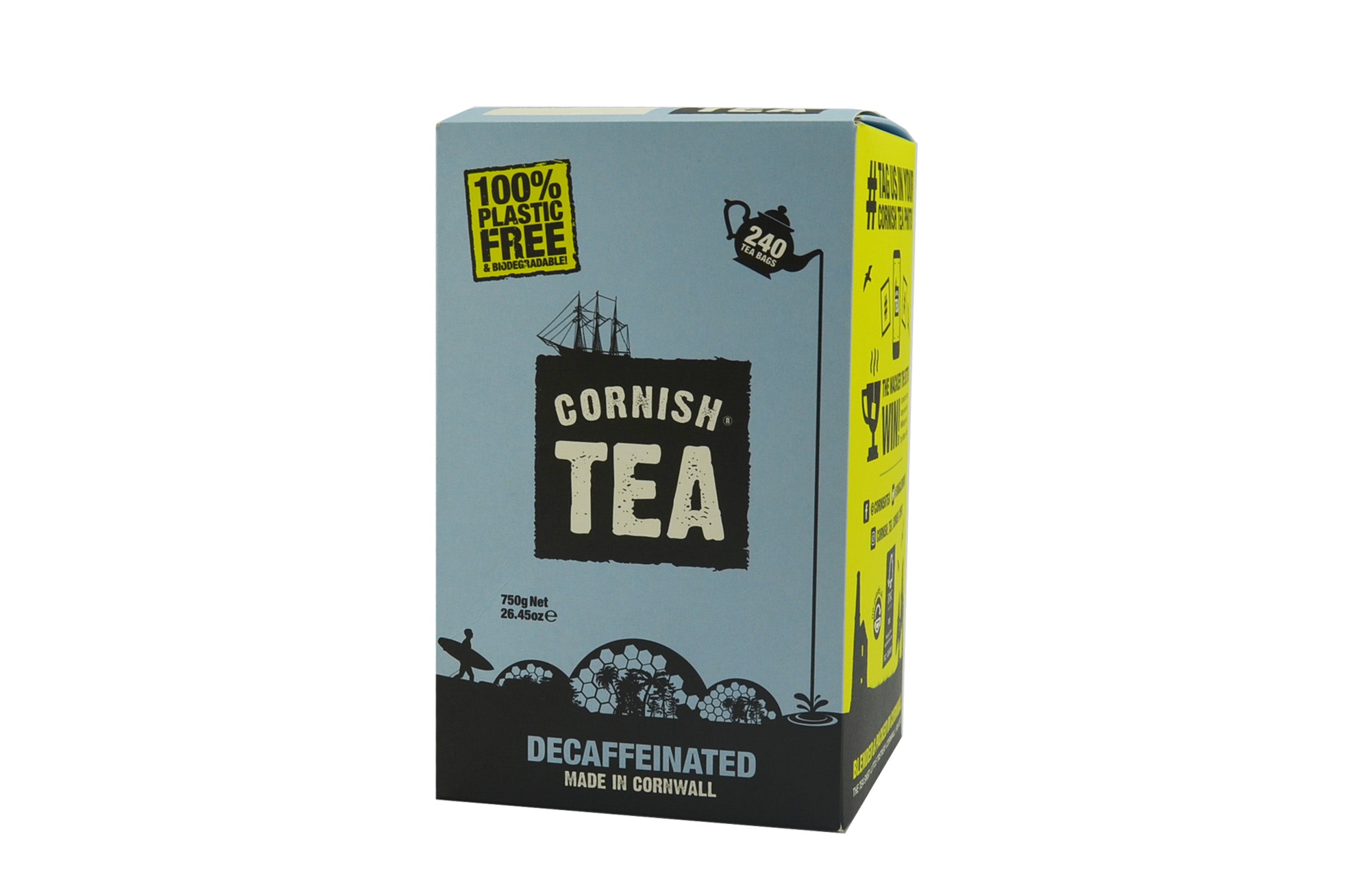 Box of 240 Smugglers Brew Decaf Tea Bags - classic Cornish Tea design with plastic-free logo and Cornish landmarks silhouette.
