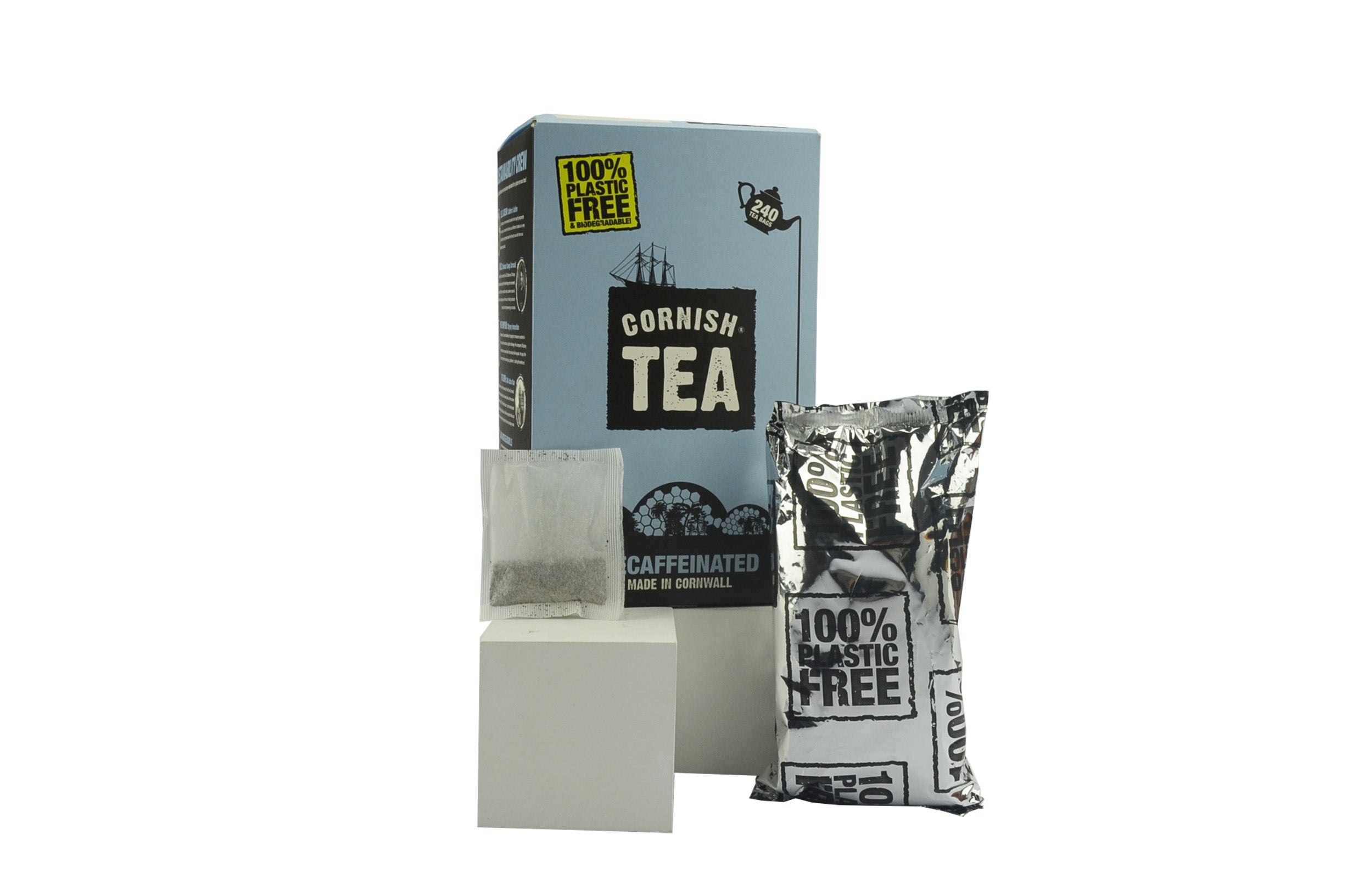 240 Smugglers Brew Decaf Tea Bags - foil-wrapped in sleeves, presented in a branded box with classic Cornish design.