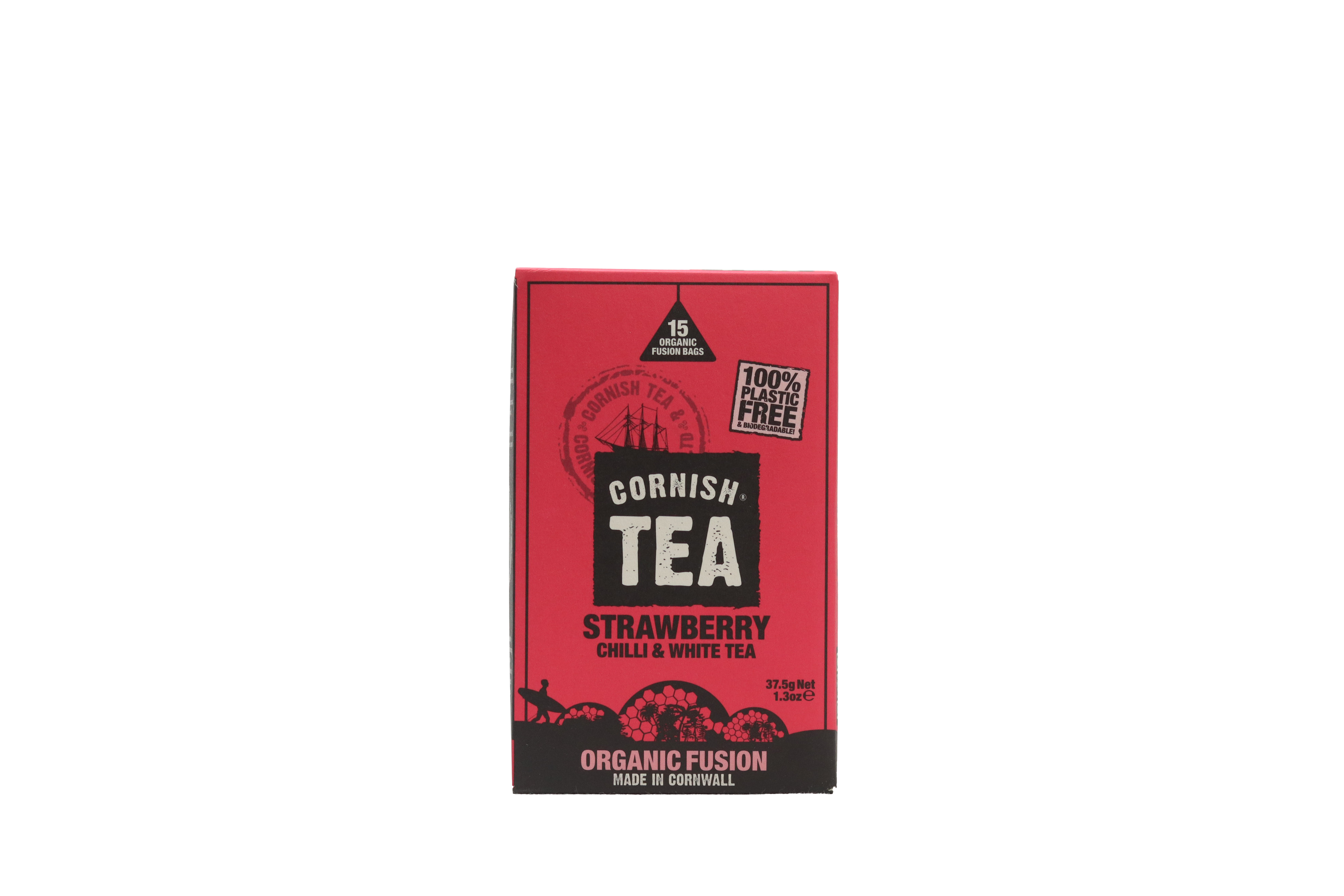 Box of 15 Strawberry, Chilli & White Tea fusion bags with real strawberry and a subtle chilli heat, made with delicate white tea leaves.