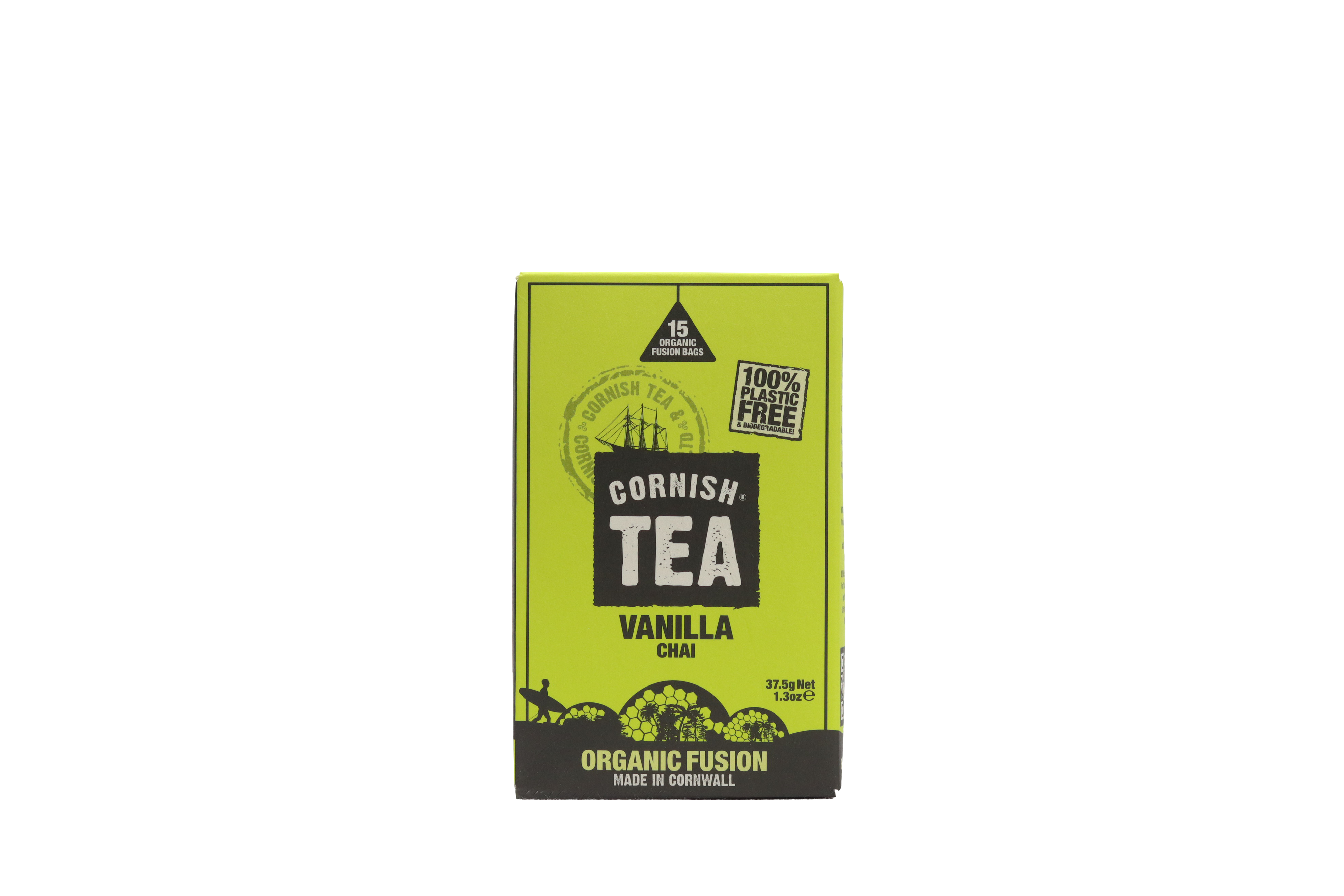 Pack of 15 organic Vanilla Chai fusion tea bags with liquorice, cinnamon, cardamom, and vanilla, naturally caffeine-free and certified organic.