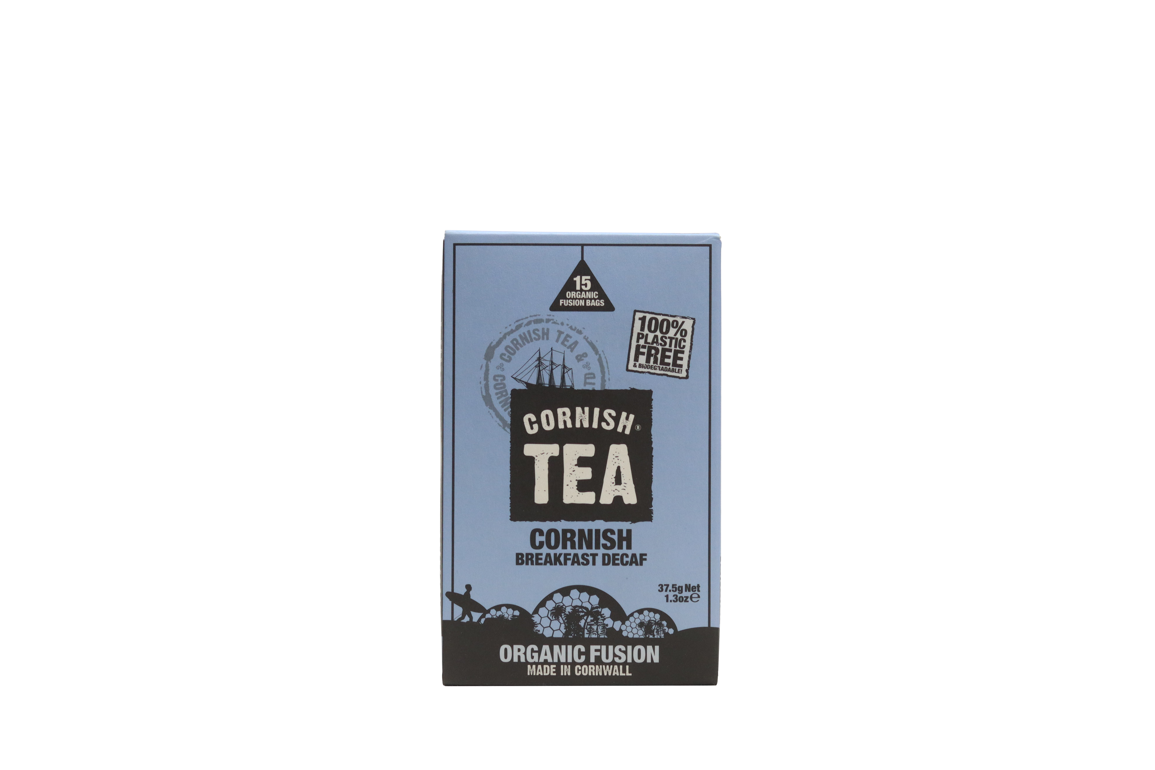 Box of 15 decaffeinated Cornish Breakfast tea bags, organic and plastic-free, made using the Swiss Water method with rich black tea flavour.